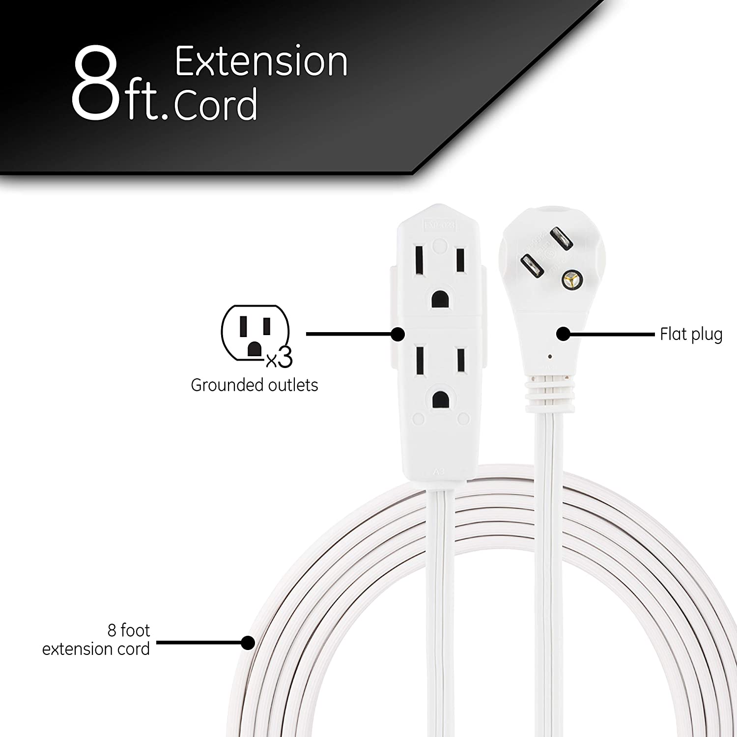SlimLine 2235 Indoor Flat Plug Extension Cord, 3 Foot Cord, Right Angled  Plug, 16 gauge, 3 Polarized Outlets, 125 Volts, Space Saving Design,  Neutral