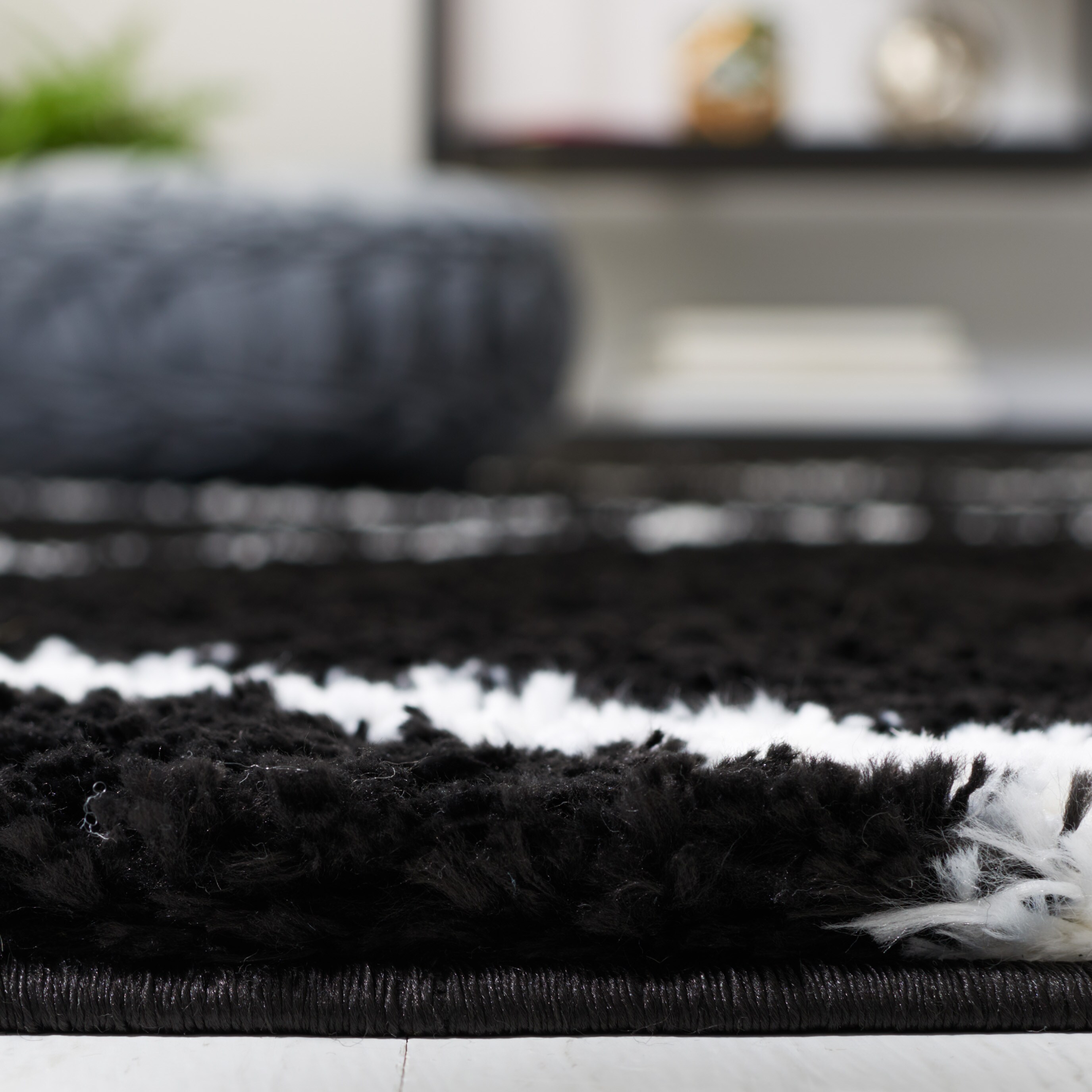 Black and White Geometric Shag Runner Rug, 2' x 9'