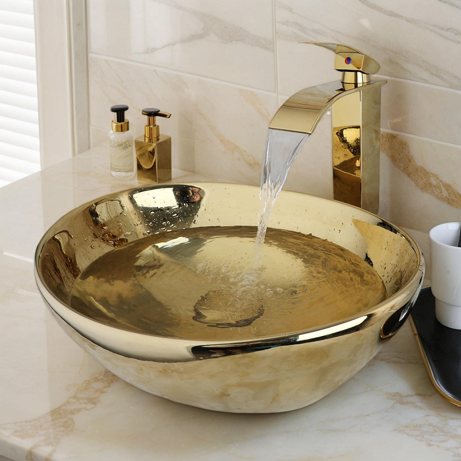 Yichuhaoxi  Oval Gold Ceramic Vessel Sink with Faucet and Pop Up Drain Seventeen by Fourteen Inches Bathroom Basin Above Counter Compact Design