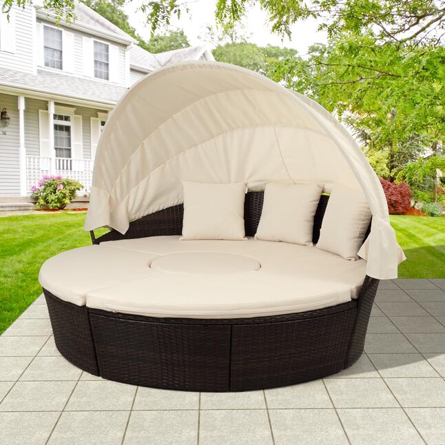 Clihome Patio Sun Bed 5 Piece Wicker, Black Wicker Outdoor Furniture Rattan Canopy Daybed