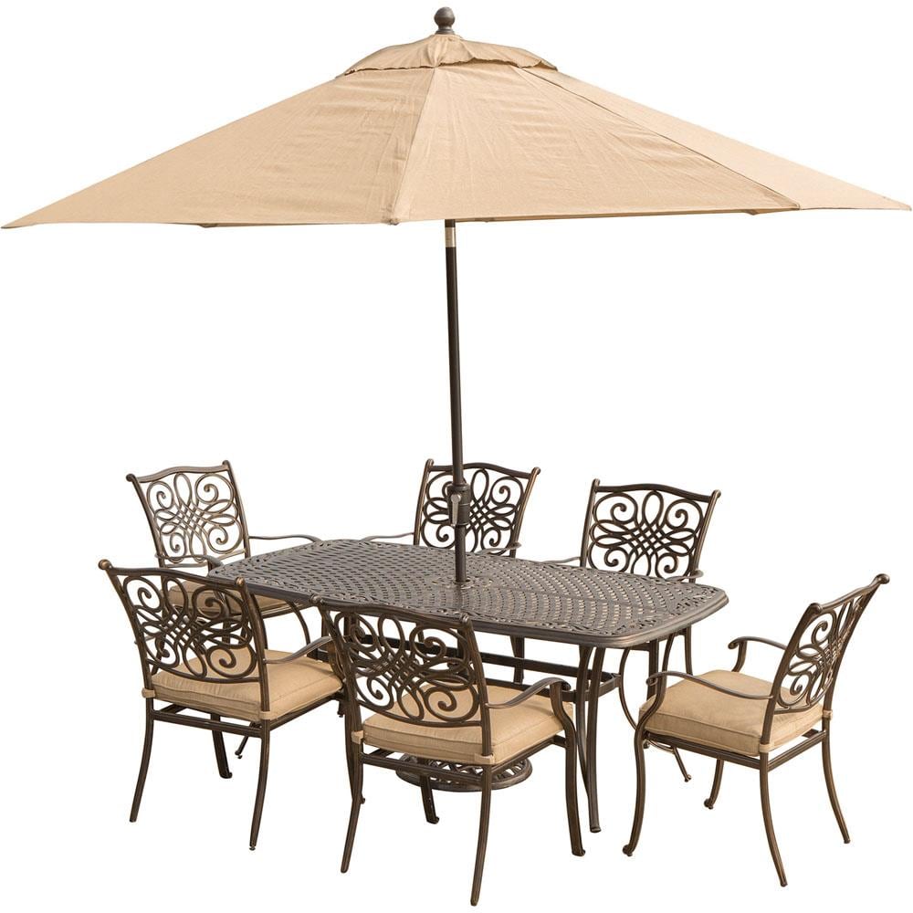 Hanover TRADITIONS7PC-SU Traditions 9-Piece Bronze Patio Dining Set with Tan Cushions