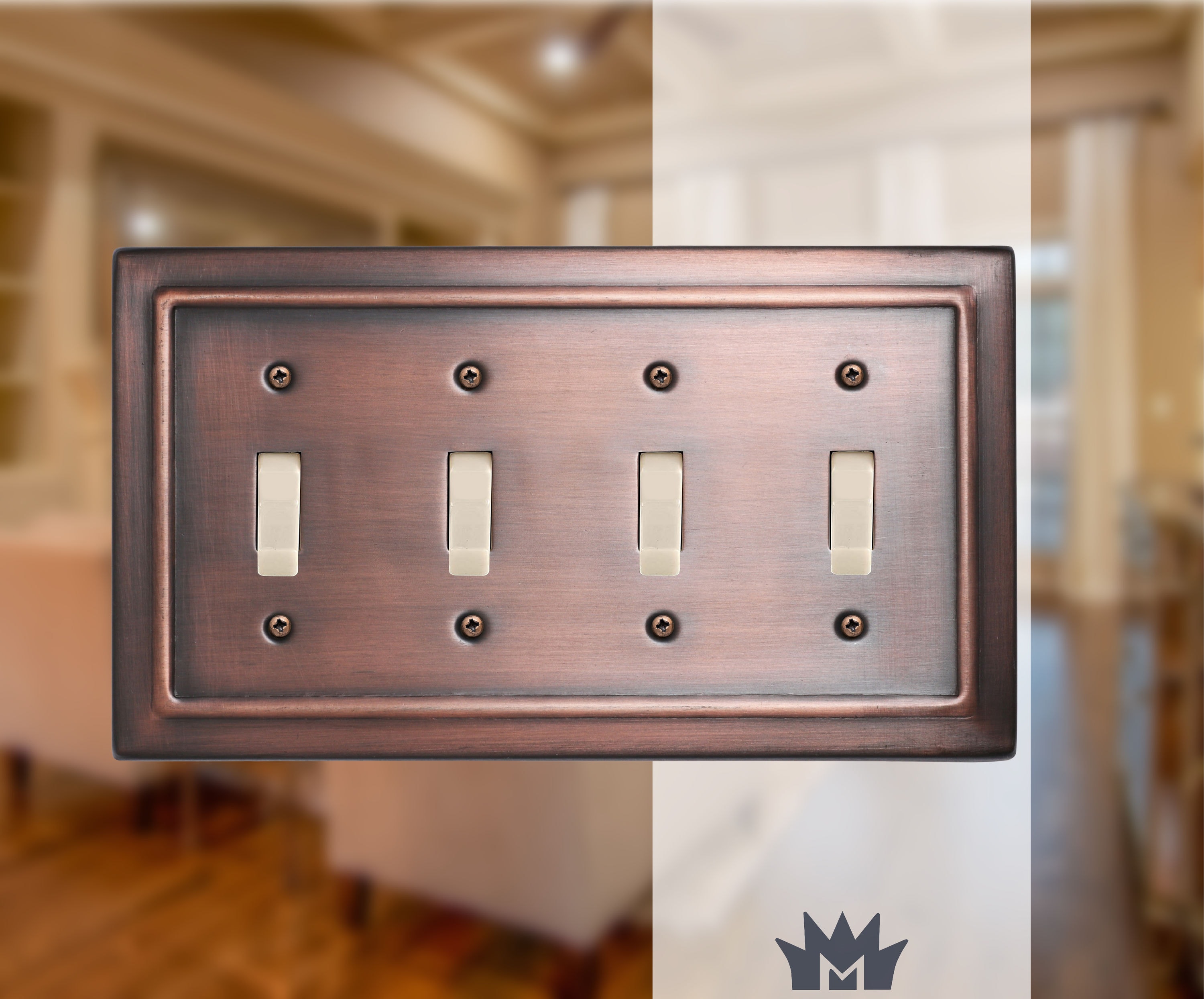 Monarch Abode 19654 Antique Copper Finish Architectural 4 -Gang Standard Size Copper Metal Indoor Toggle Wall Plate