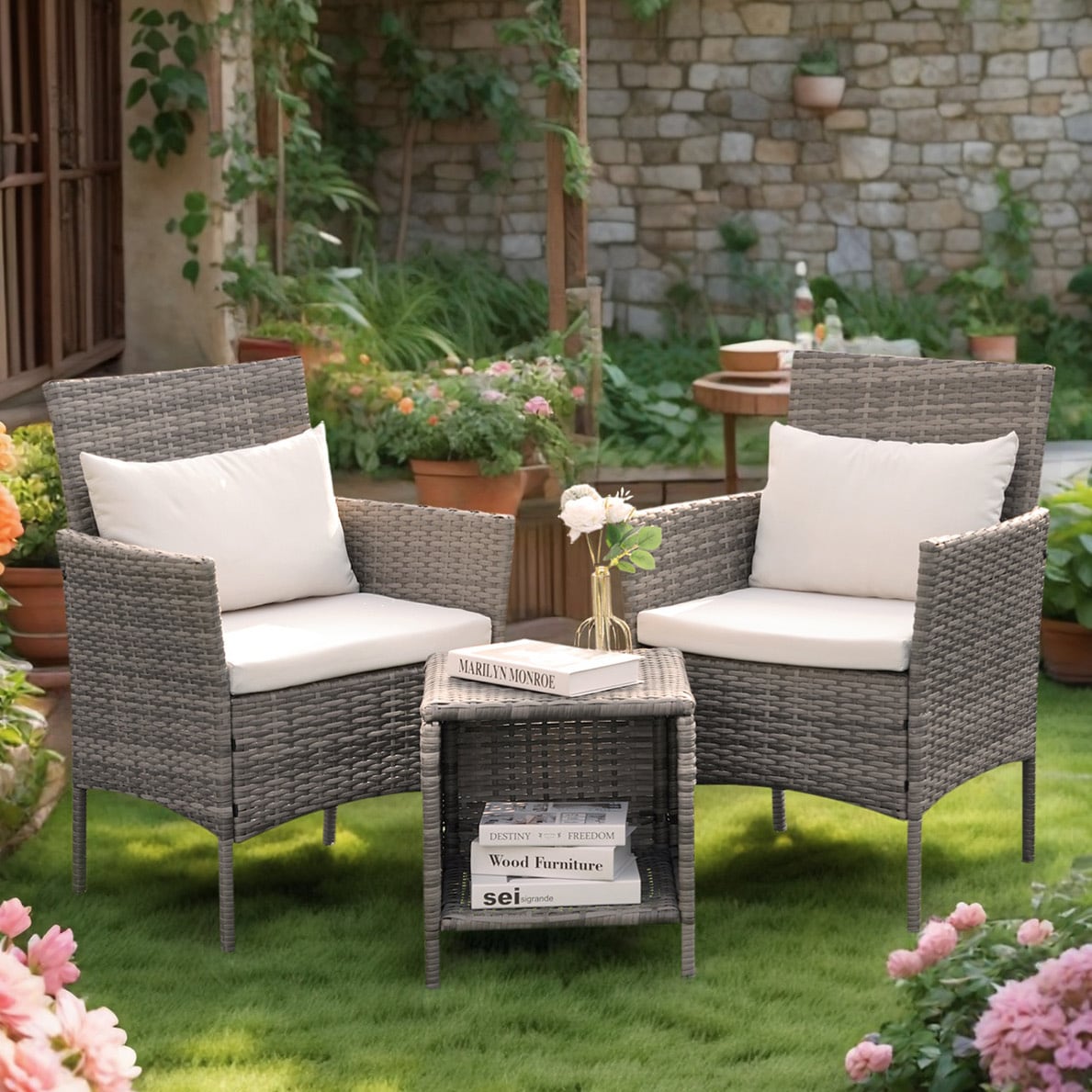 Grearden LS-022BR 3 -Piece Wicker Patio Conversation Set with Off-white Cushions
