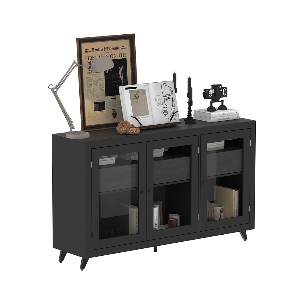 Homsee C-KF200267-01 Black and Walnut Storage Cabinet with 3 Drawers and Glass Doors Modern Sideboard Buffet with Adjustable Shelves