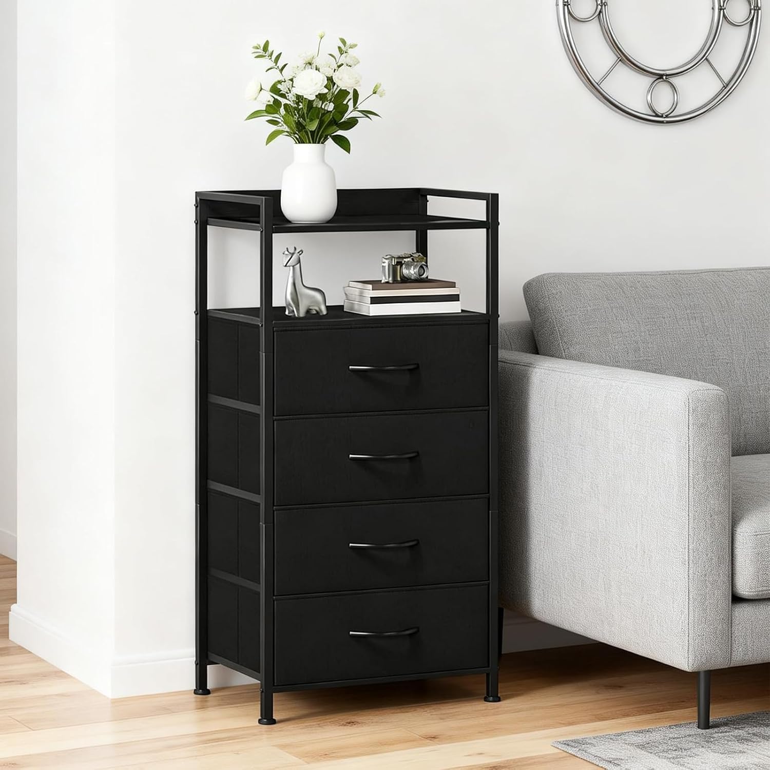 DEXSO 4 Drawer Chest with Steel Frame Storage Unit Adjustable Feet 16.14 X 11.42 X 32.87 Inch Bedroom Storage Chest Black