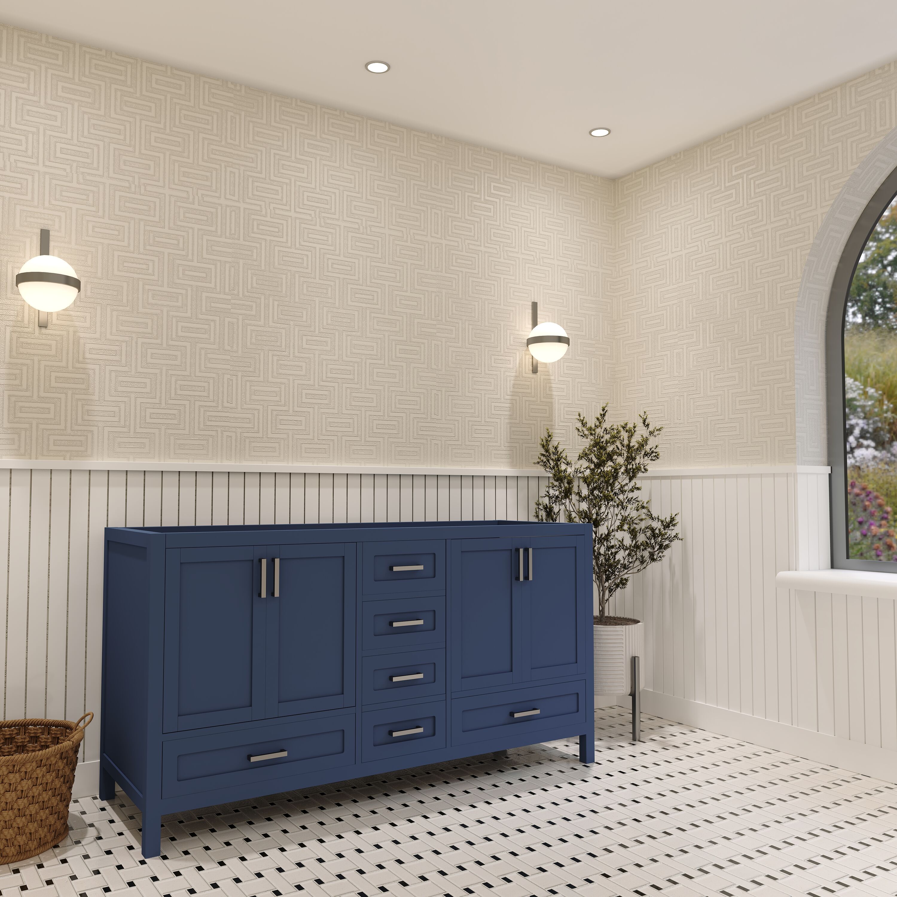 Navy Blue Pinewood Double Bathroom Vanity with Metal Pulls