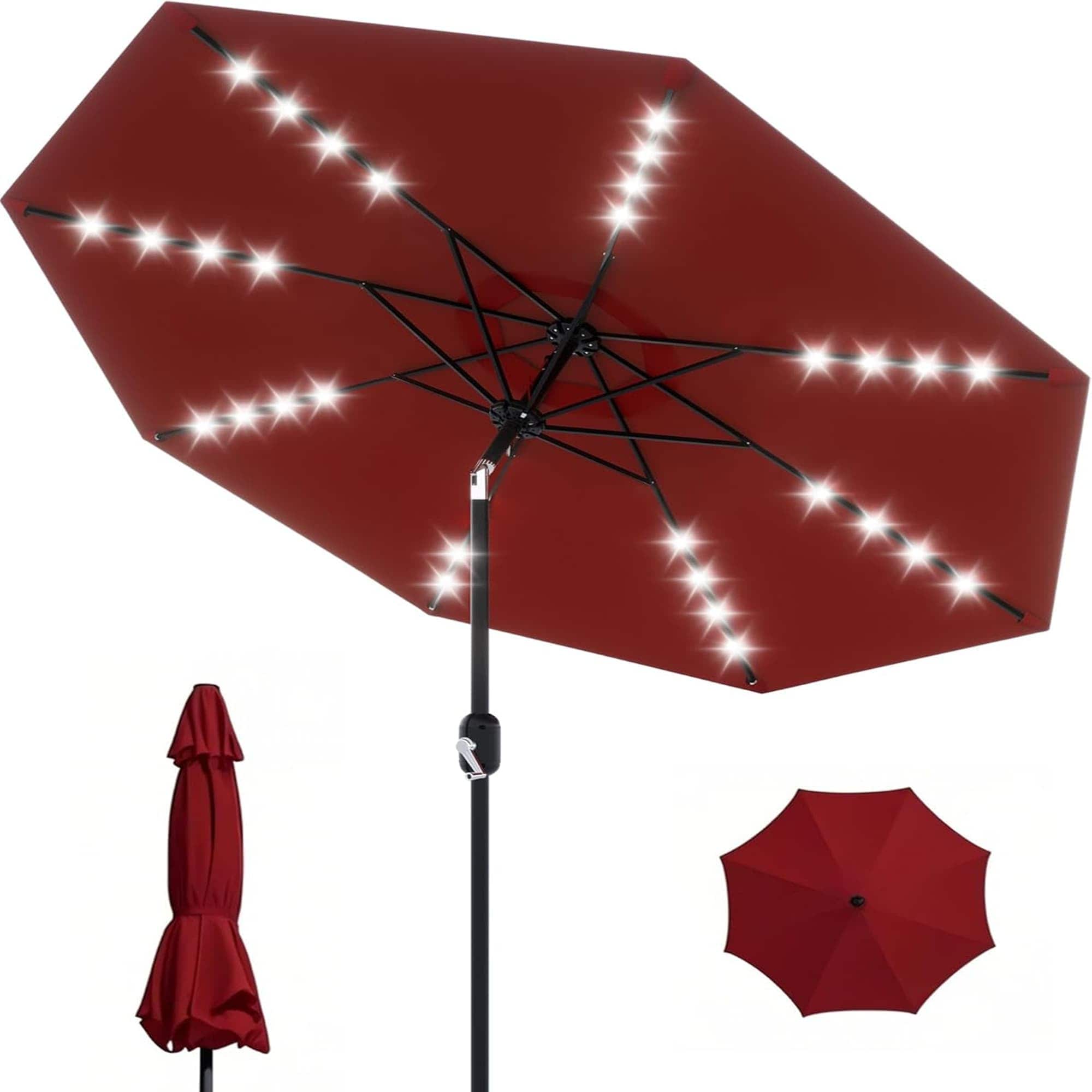 Qeetex LSHQQPPG-334WNYED 9Ft Patio Umbrella with Solar Lights  32 LED Lights and Tilt Crank  8 Ribs Market Umbrella  Polyester Fabric  Red
