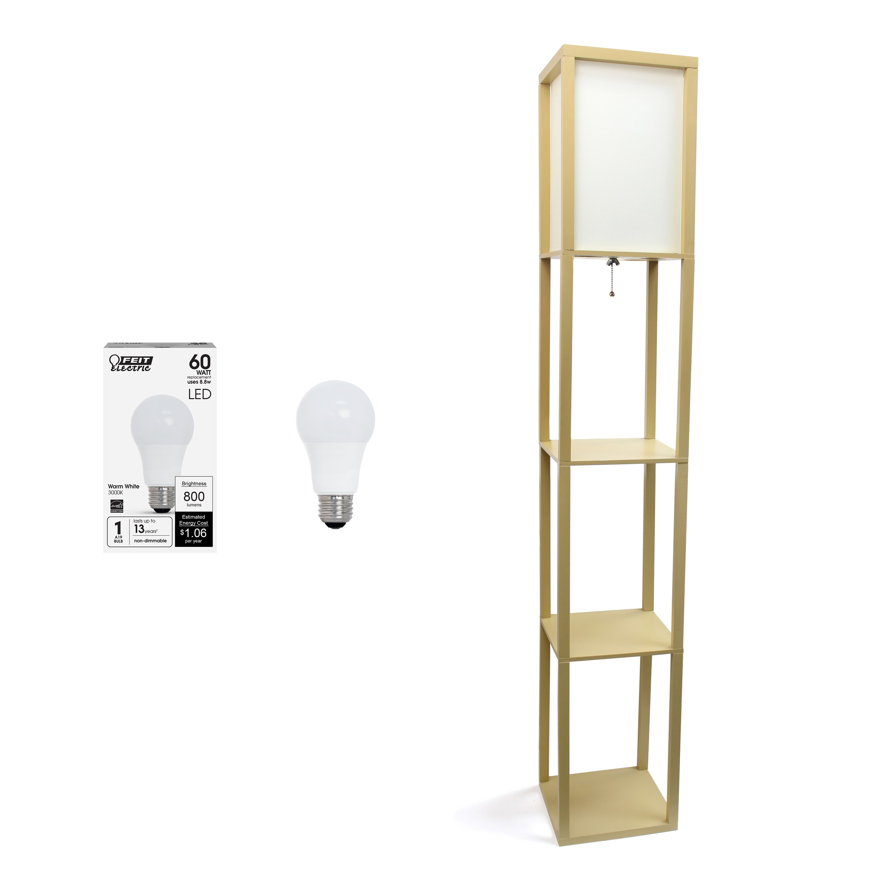 Tan Mixed Material Shelf Floor Lamp with Linen Shade
