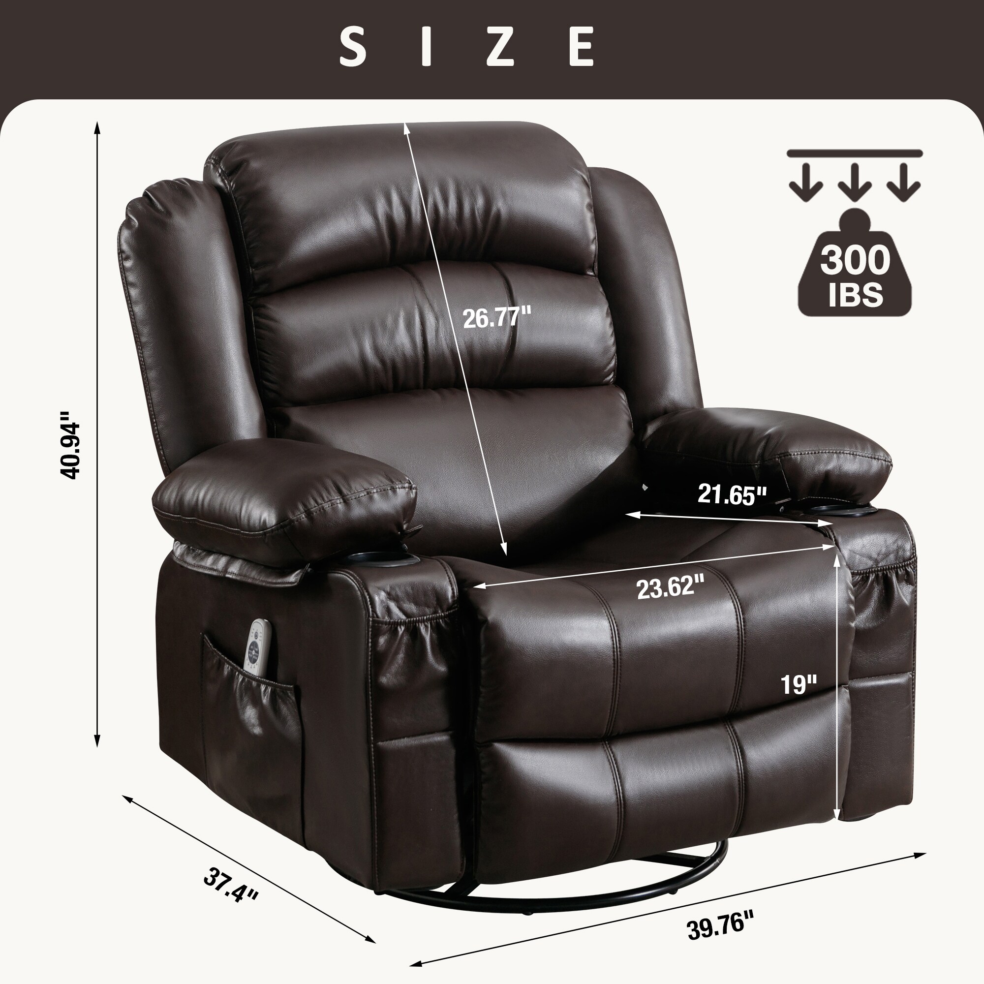 Clihome Massage Swivel Rocker Recliner Chair Dark Brown Faux Leather ...