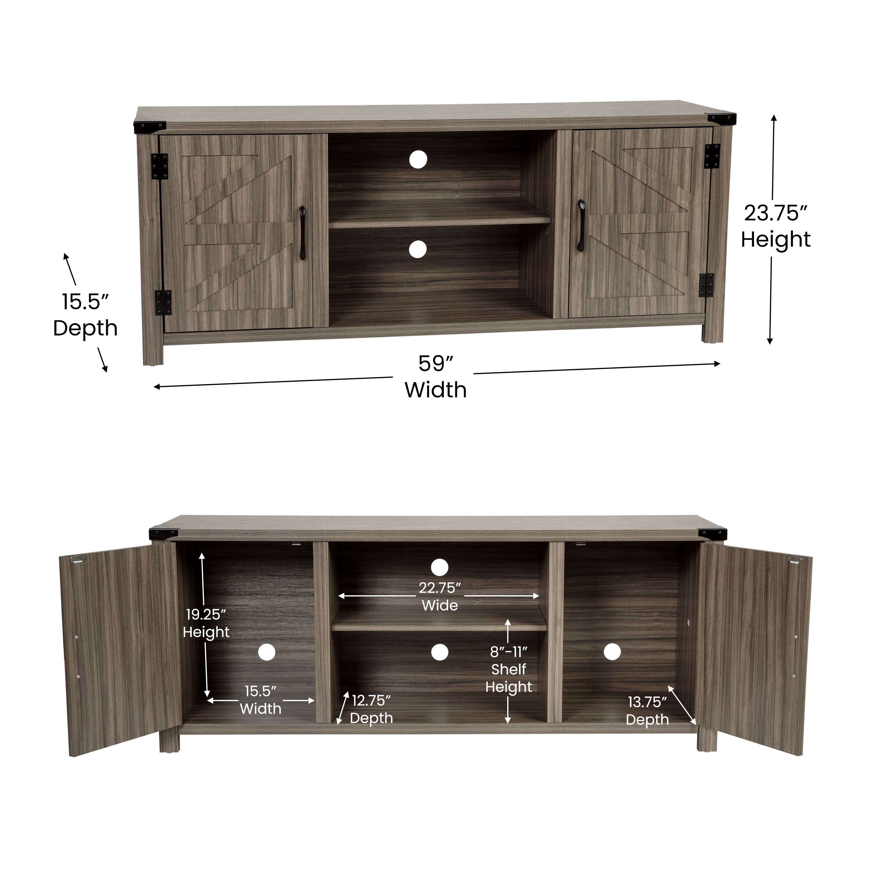 Rustic Industrial Gray Wash Oak TV Stand with Cabinet for 65" TVs