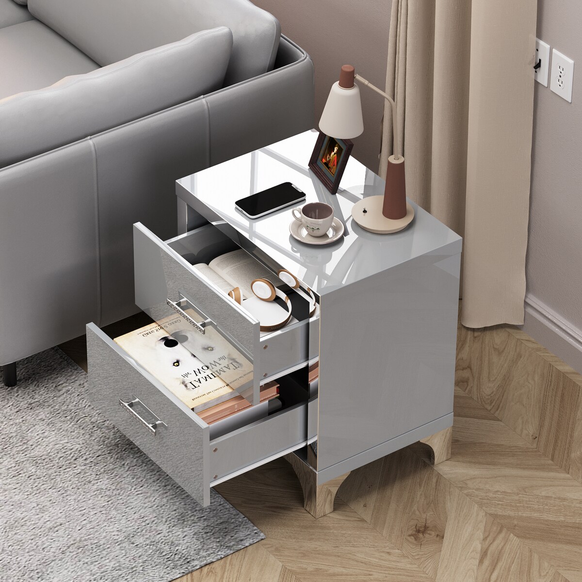 Streamdale Furniture Streamdale High Gloss Mirrored 2-Drawer Nightstand ...