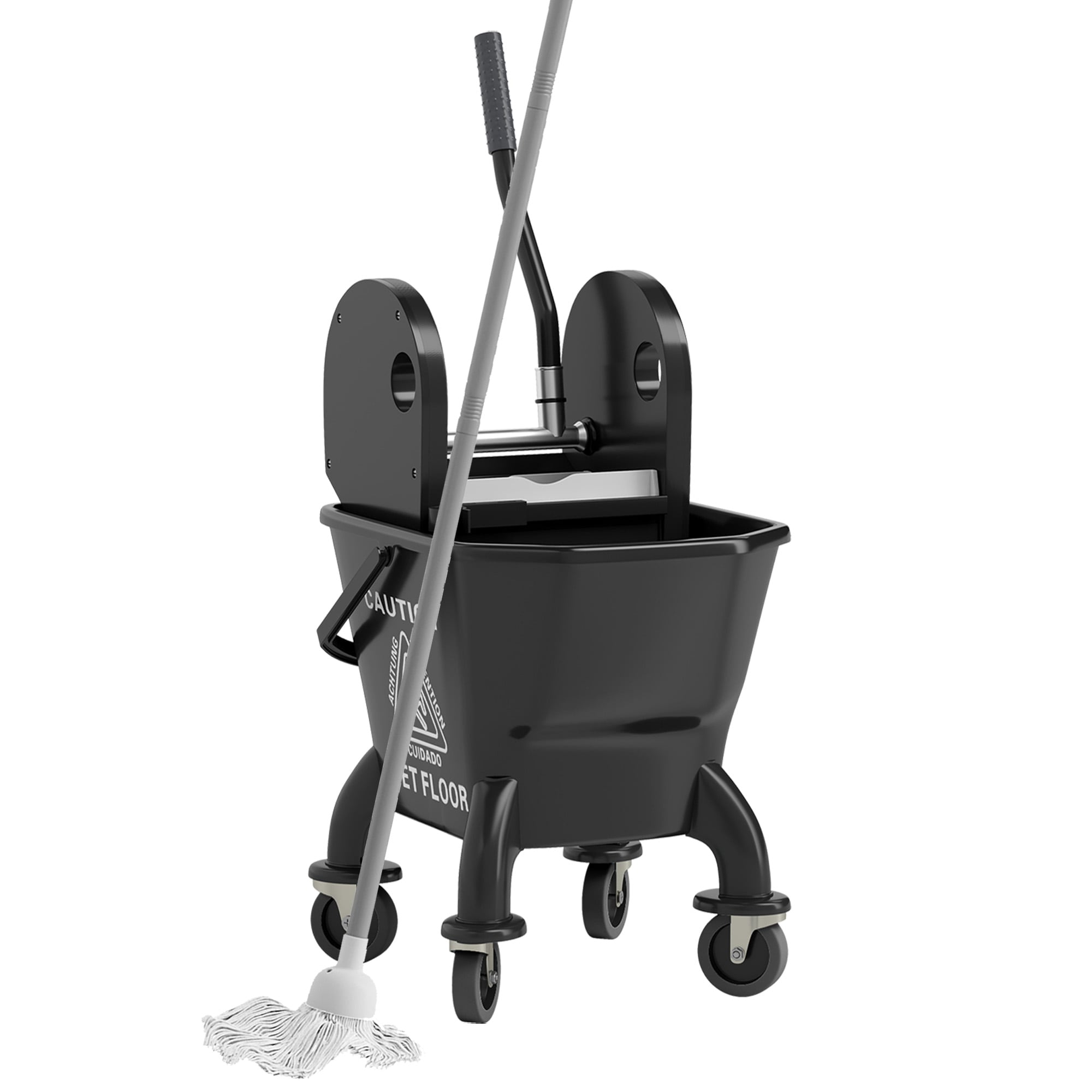 HomCom 720-028V00BK Mop Bucket with Wringer on Wheels for Floor Cleaning 27.5 Quart Down Press Wringer with Handle and Mop Black