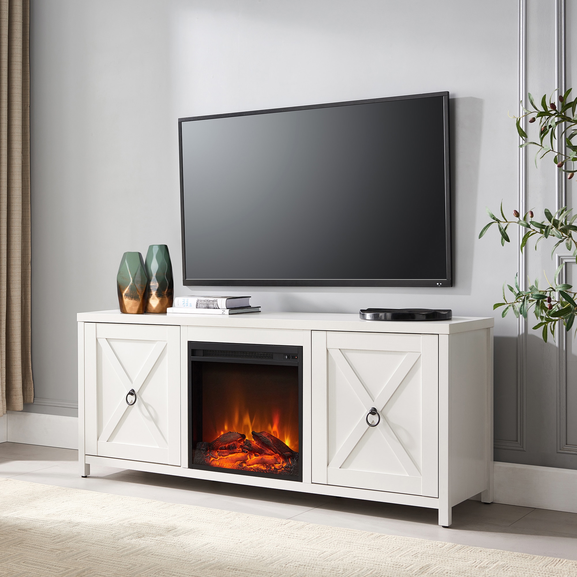 Modern Farmhouse White TV Stand with Electric Fireplace and Storage Cabinet