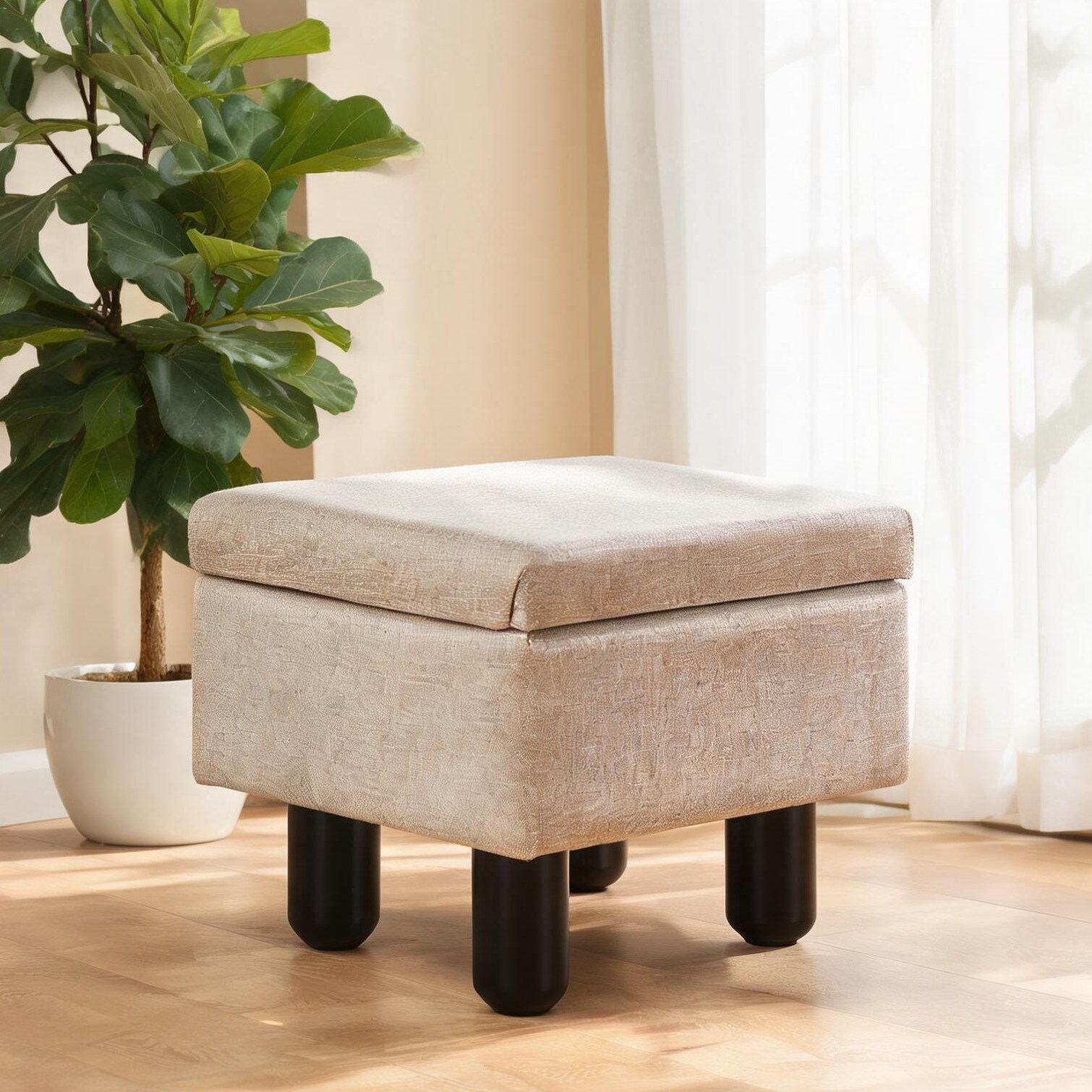 SunJet Khaki Linen Storage Ottoman with Flip-Top Hidden Compartment and Solid Rubberwood Legs