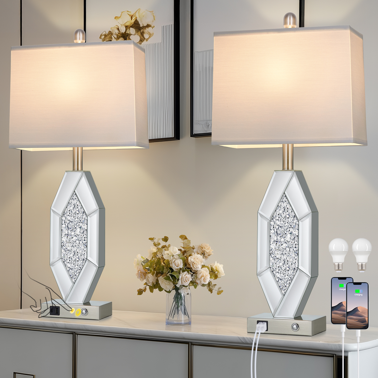 UrFurnishings - Glum 27.5-in Sliver LED On/Off switch Table Lamp with Linen Shade