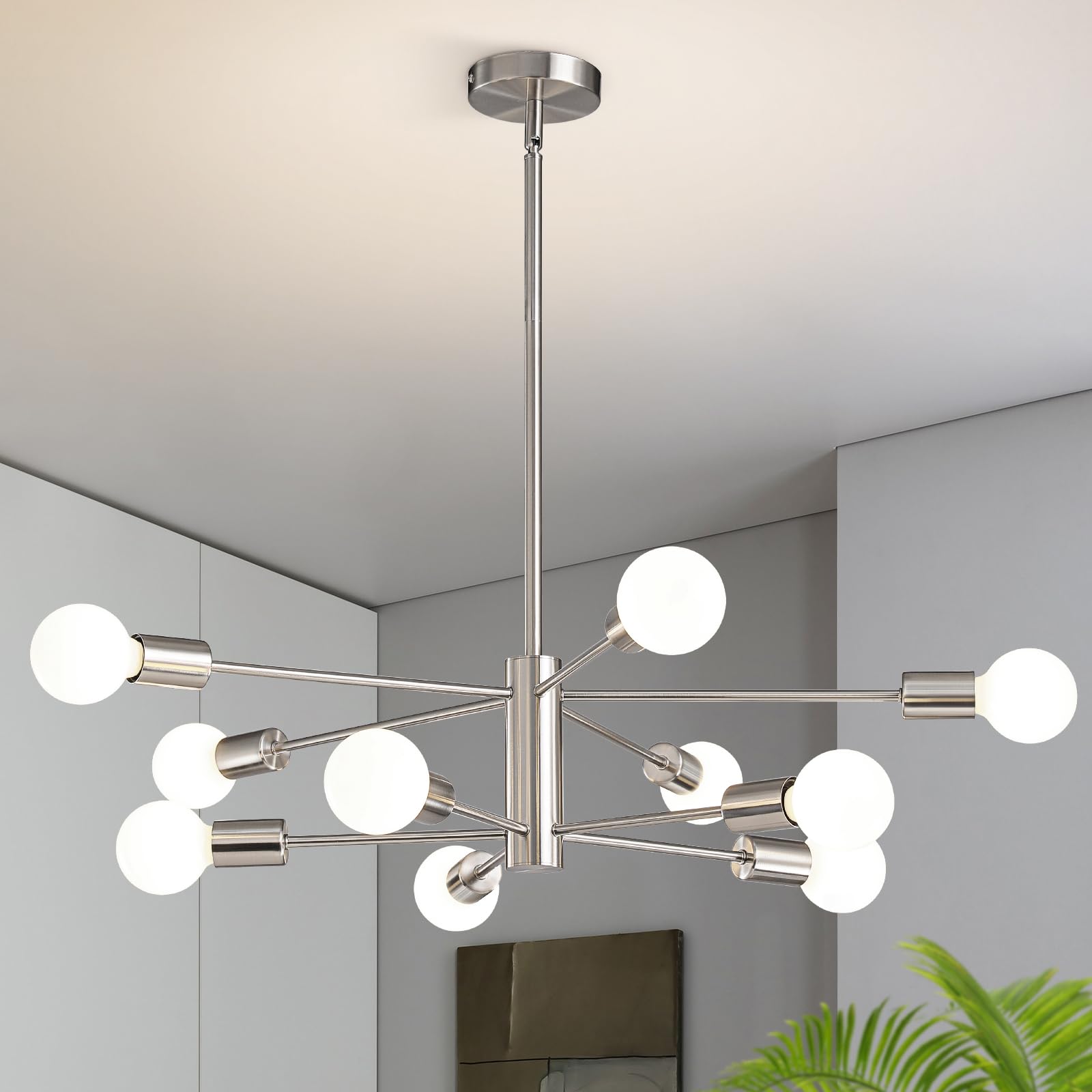 IUEST  Modern Sputnik Chandeliers Light 10 Lights Brushed Nickel Adjustable Height Chandelier Ceiling Lighting Fixture for Dining Room Kitchen