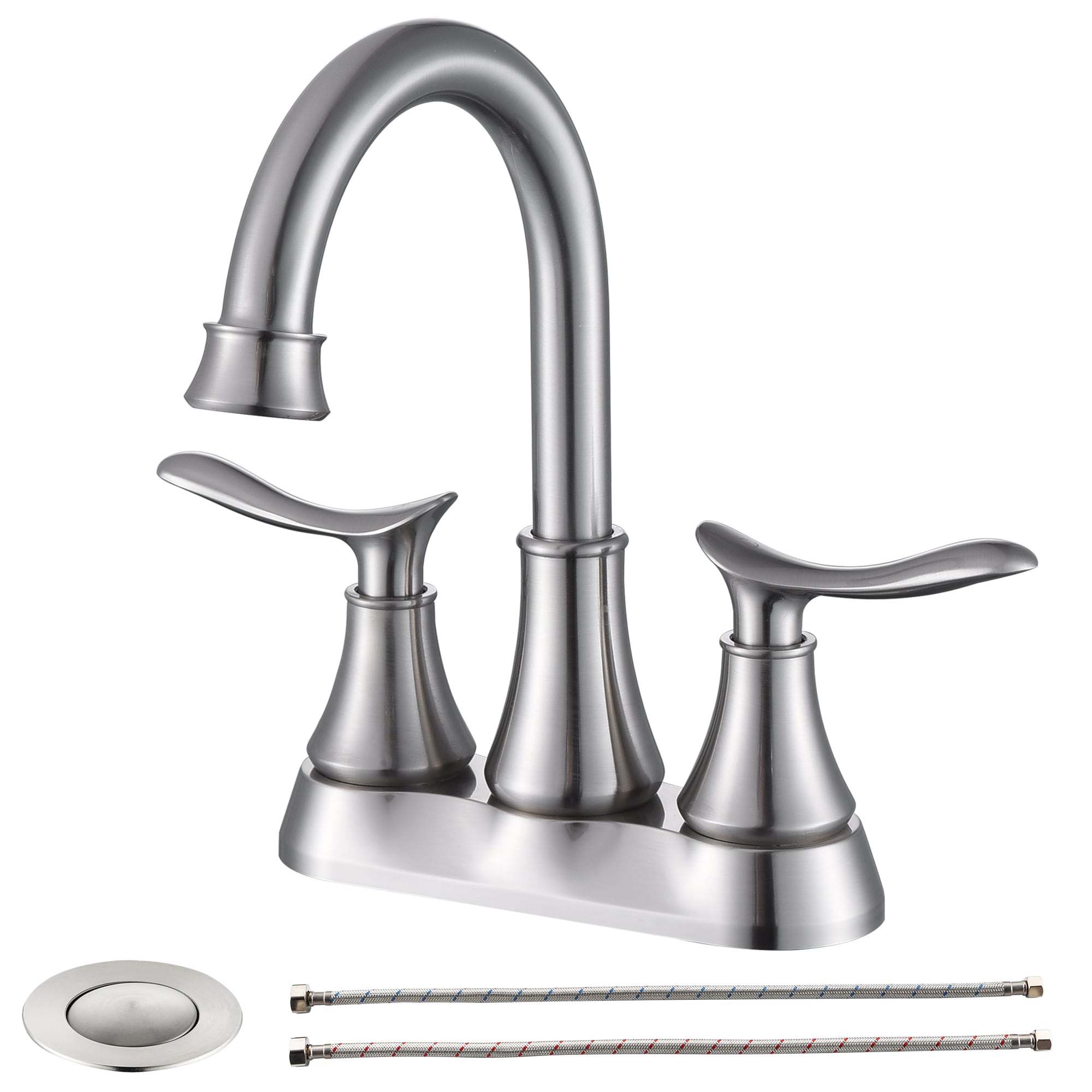 Nestfair SX-DR009N Brushed Nickel 4-in centerset 2-handle High-arc Residential Handle Bathroom Sink Faucet with Drain