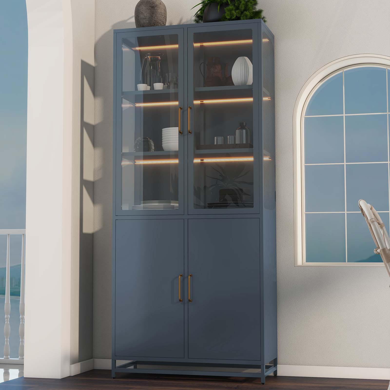 Dark Blue 4 -Door 33.45-in File Cabinet with Glass Doors and LED Lights Steel Curio Cabinet with 3-Sided Glass 5-Tier Curio Cabinets