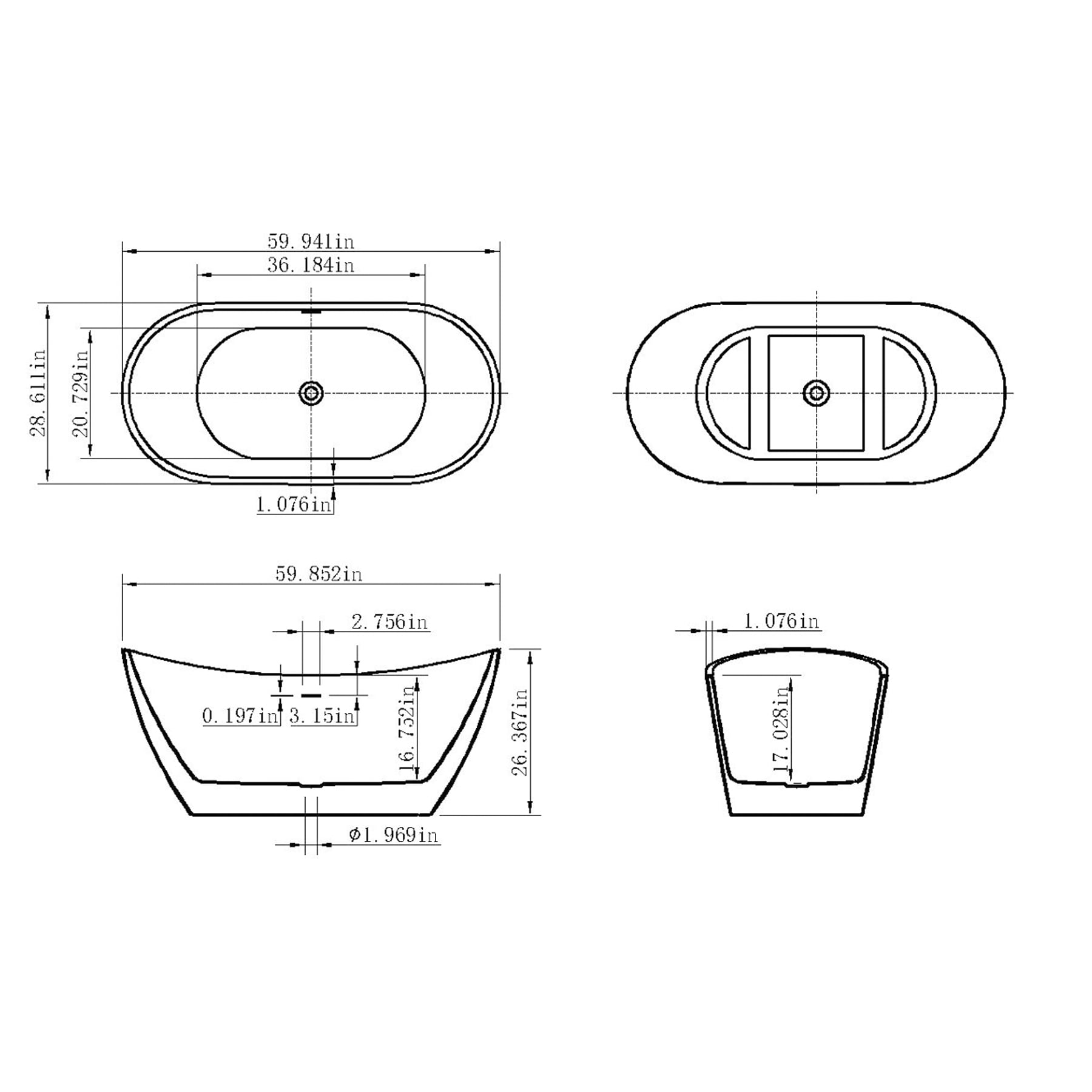 AKDY FlatBottom 28.6-in x 59.9-in Glossy White Acrylic Oval ...