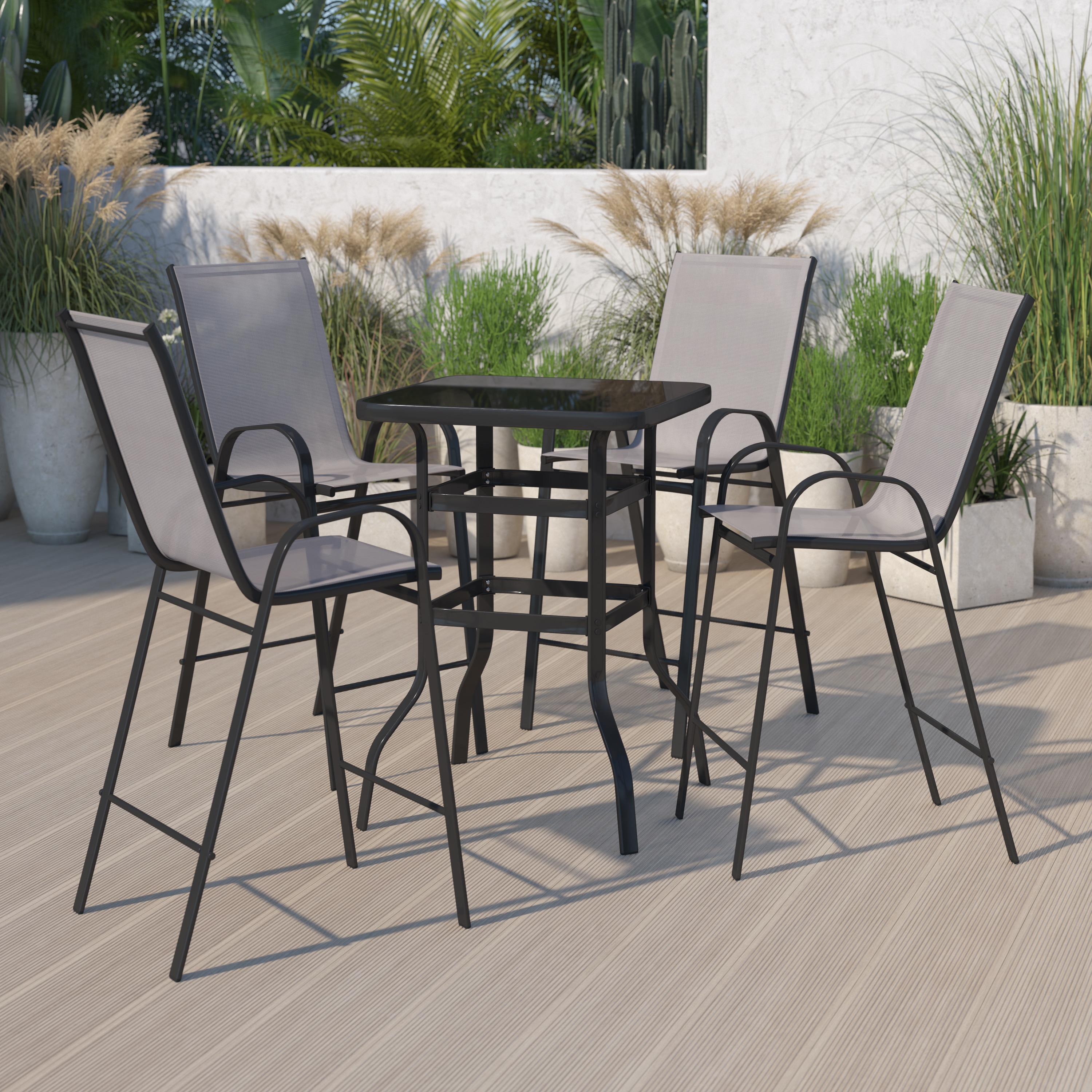 Gray 4-Person Steel and Glass Outdoor Bistro Set