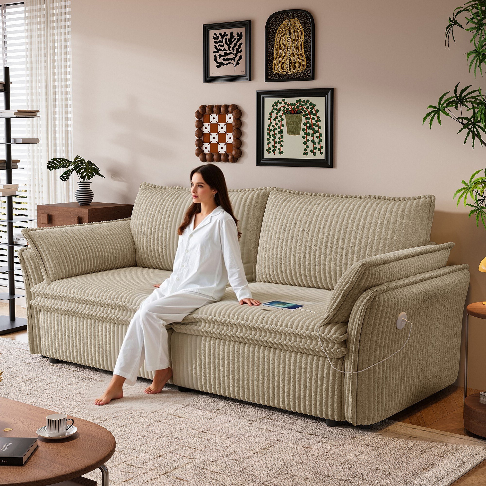 GDFStudio - 85 Inch Convertible Sofa Bed 2 in 1 Corduroy Fabric Camel Multi Functional Loveseat f...