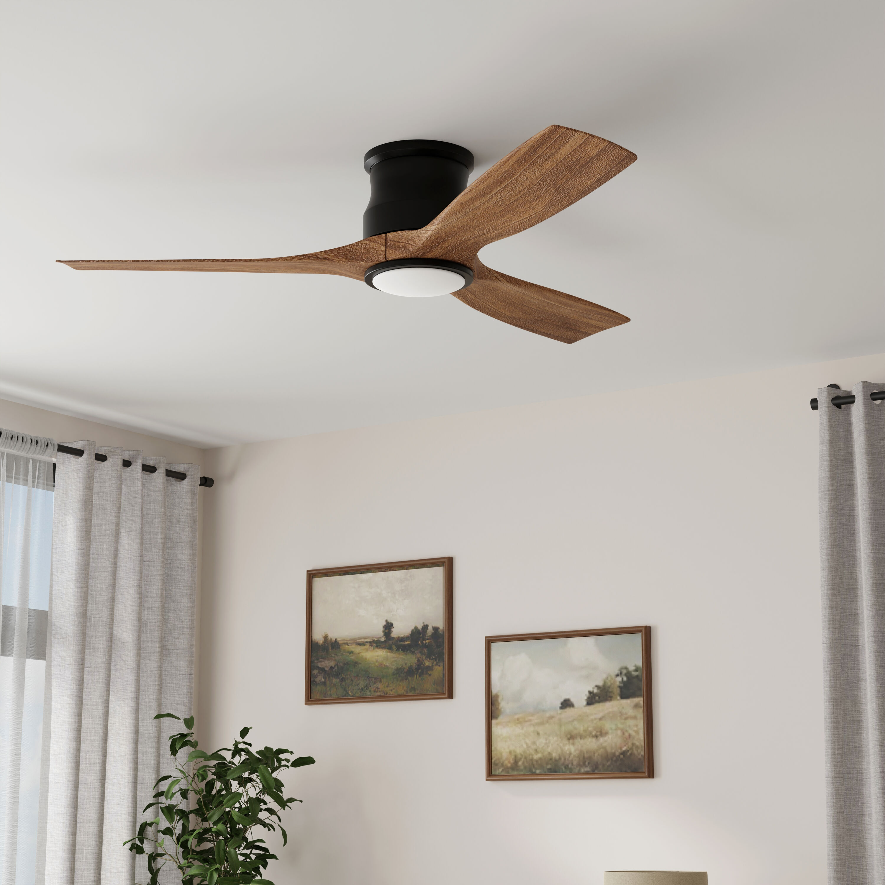 Harbor Breeze BRY52MBK3LR Brayard Easy Install 52-in Color-Changing Integrated LED Flush Mount Matte Black with Dark Walnut Blades Propeller Ceiling Fan With Light - Remote Included ( 3 -Blade )