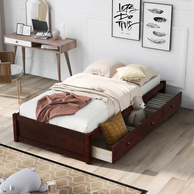 Mondawe Twin Platform Solid Wood Bed, Oak Twin Bed With Storage Drawers