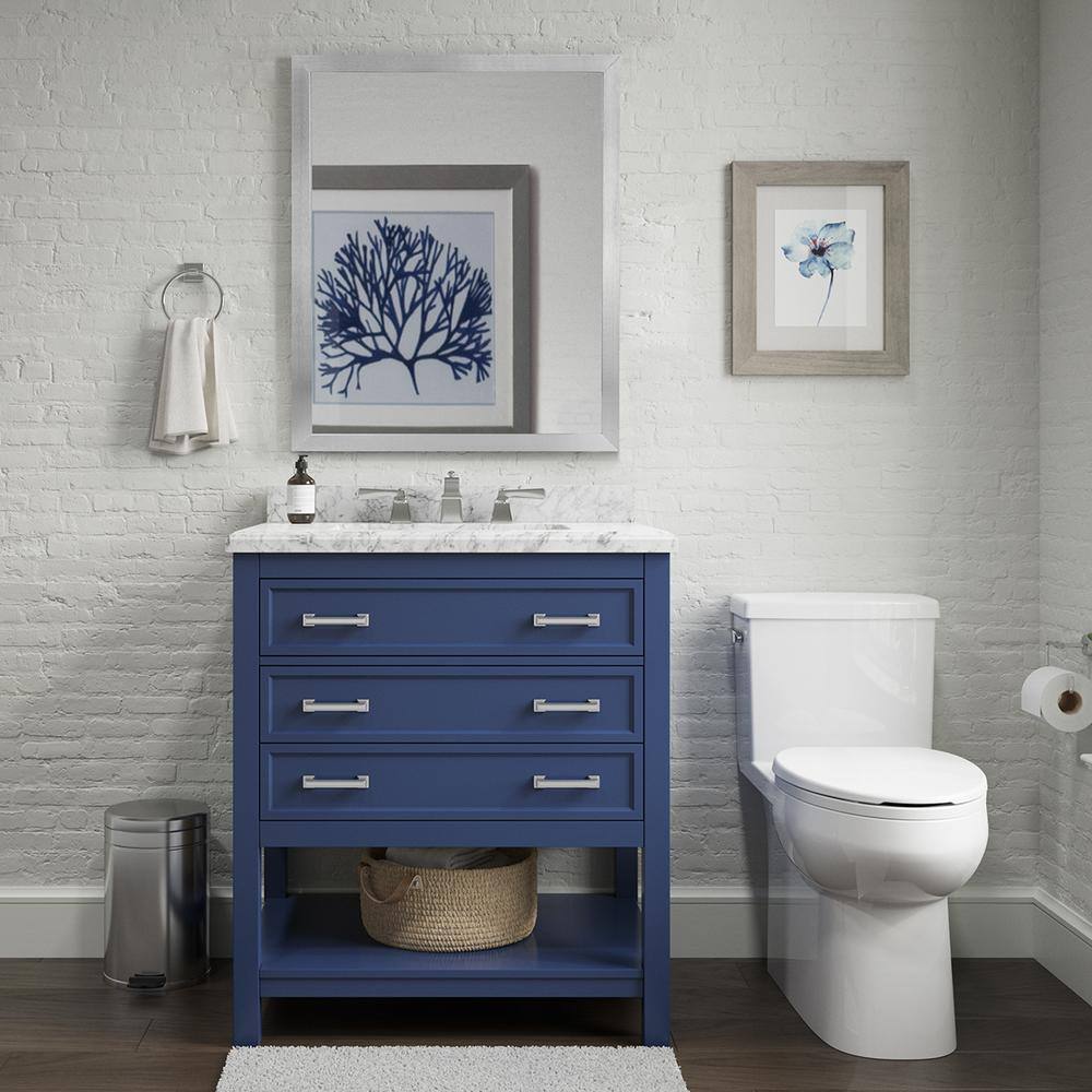 Design Element AF-31-BLU Affinity 31-in Blue Undermount Single Sink Bathroom Vanity with White W/ Gray Veins Marble Top