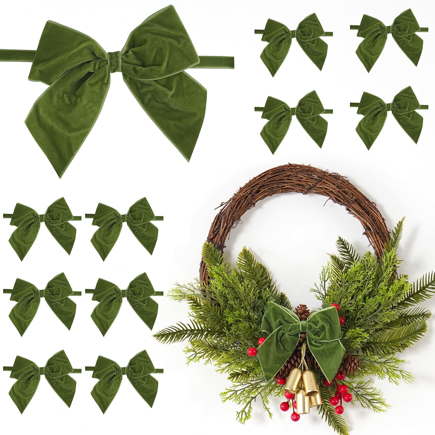 LIBONGTA Gift Wrap Bows 12-Pack Green Velvet Ribbon Pre-Tied