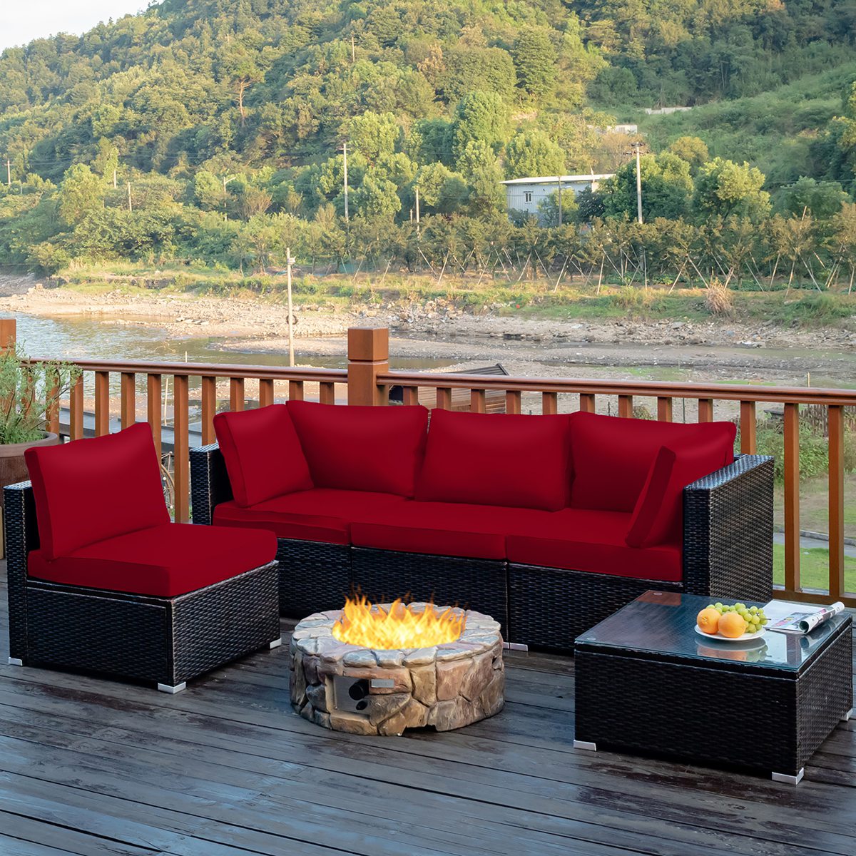 Costway HW67243RE 5PCS Patio Rattan Furniture Set Cushioned Sofa and Chair w/Coffee Table Red