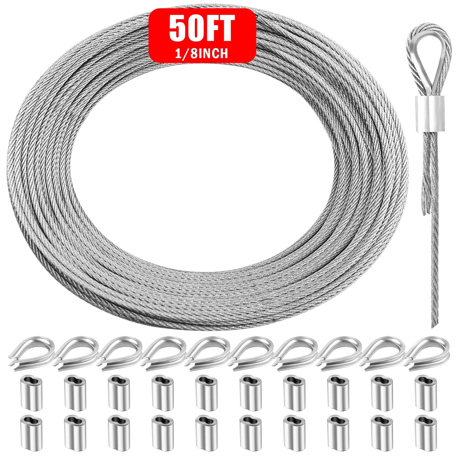 Etokfoks  1 8 in Carbon Steel Galvanized Wire Rope Cable 50 ft 7x7 Strand Core with Thimbles and Aluminum Sleeves Kit