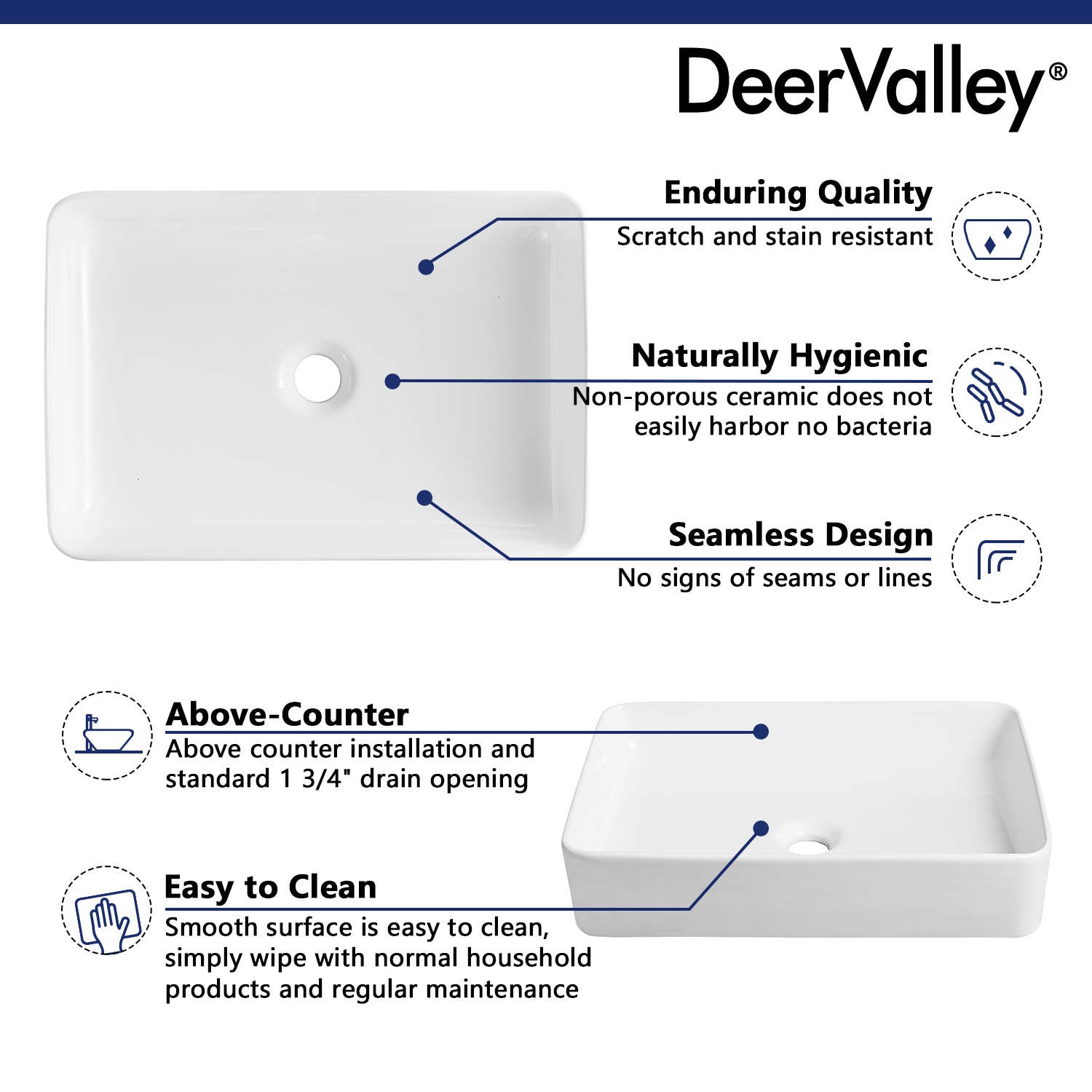 Deervalley Ceramic Vessel Rectangular White Bathroom Sink 15 16 In X