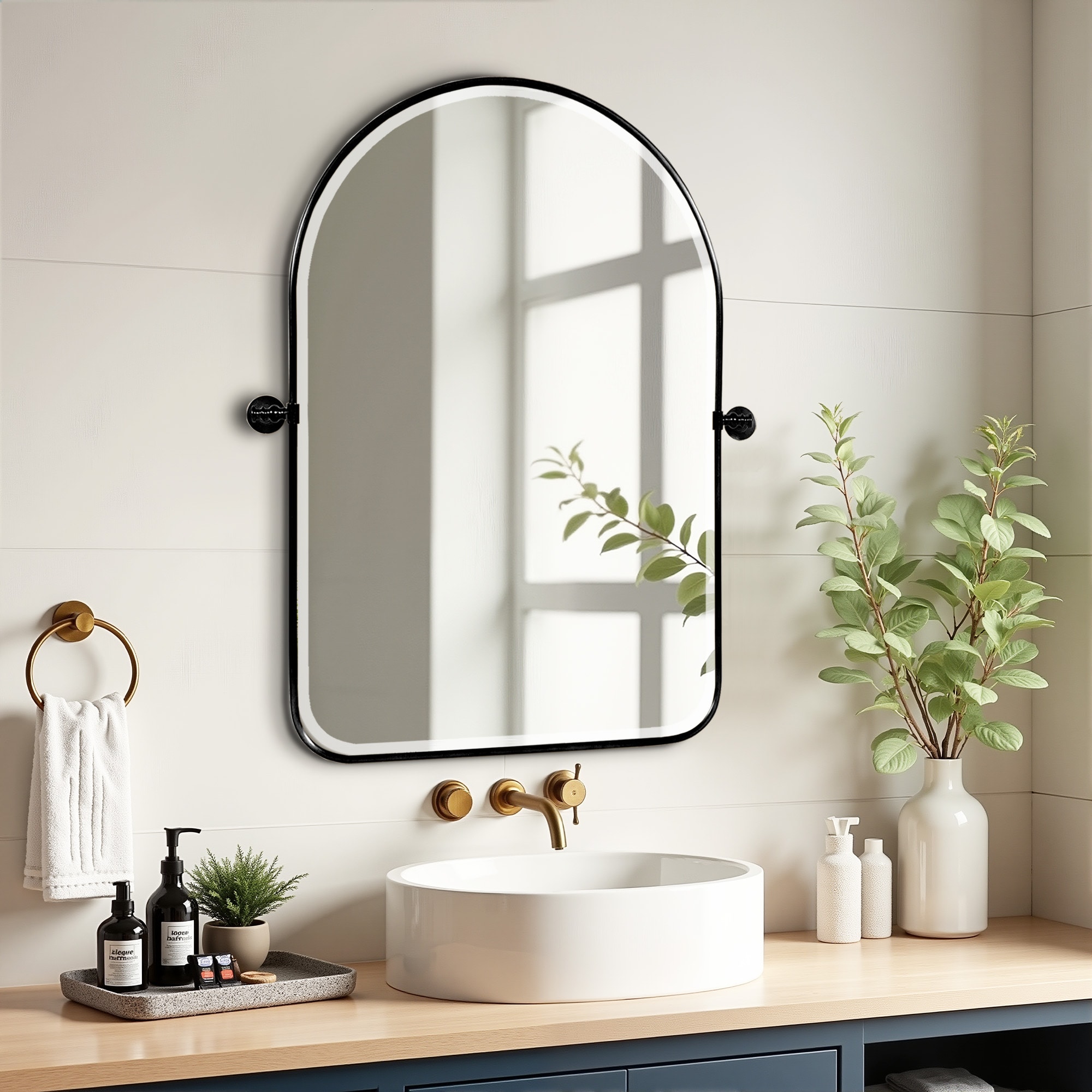 Wooakway 24 in. W X 31 in .H Black Bathroom Mirror Modern Arched Dresser Mirror Rounded Metal Framed Adjustable Tilt Vanity Mirror for Wall Over Sink Farmhouse Restroom Decor