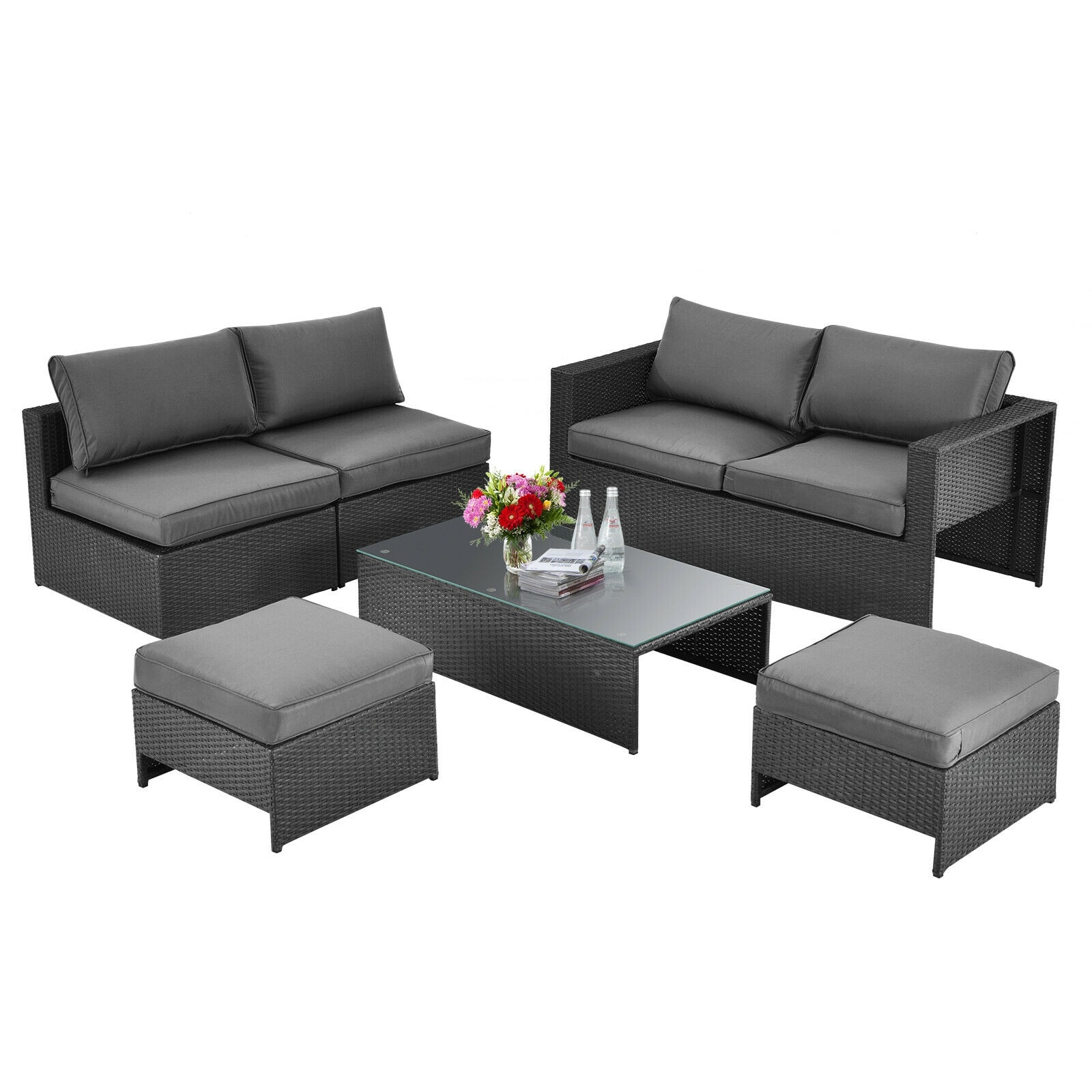 Forclover CTR-S00023 Patio Conversation Sets 6 -Piece Rattan Patio Conversation Set with Black Cushions