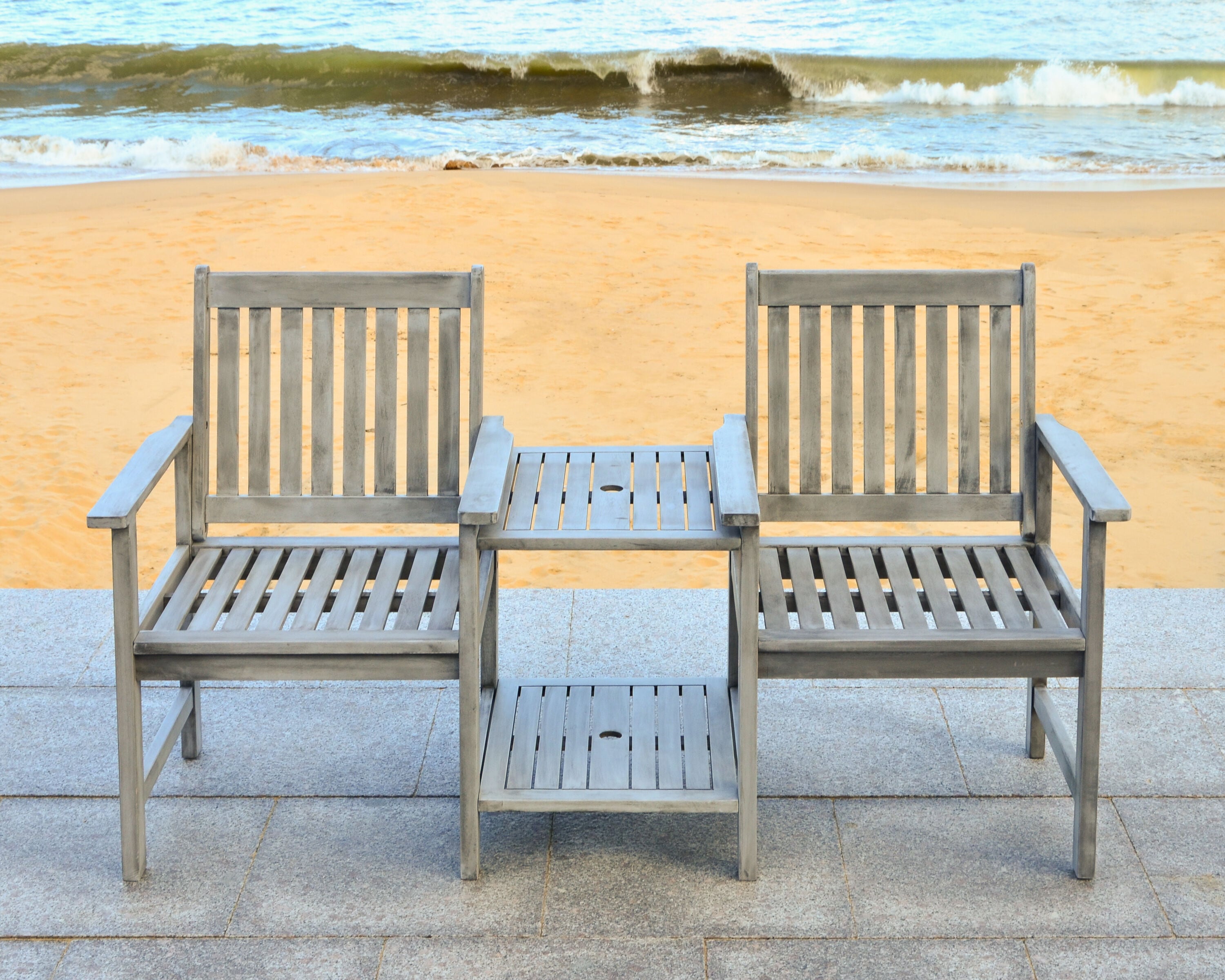 Gray Acacia Twin Seat Bench with Umbrella Table