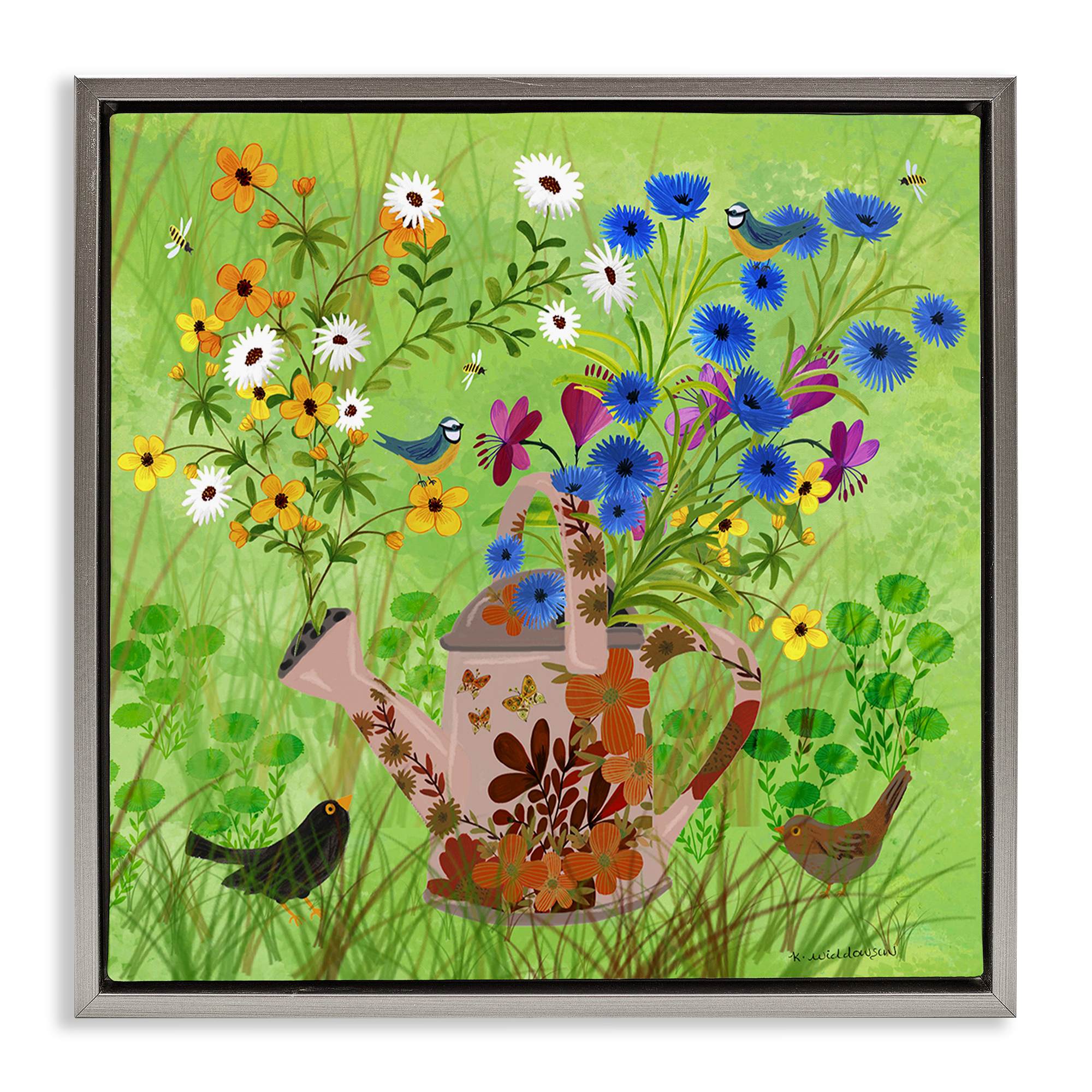 Stupell Industries BS-594-FFL-24X24 Bright Gardening Can and Birds Gray Framed Floater Canvas Wall Art By Kay Widdowson 25 x 25