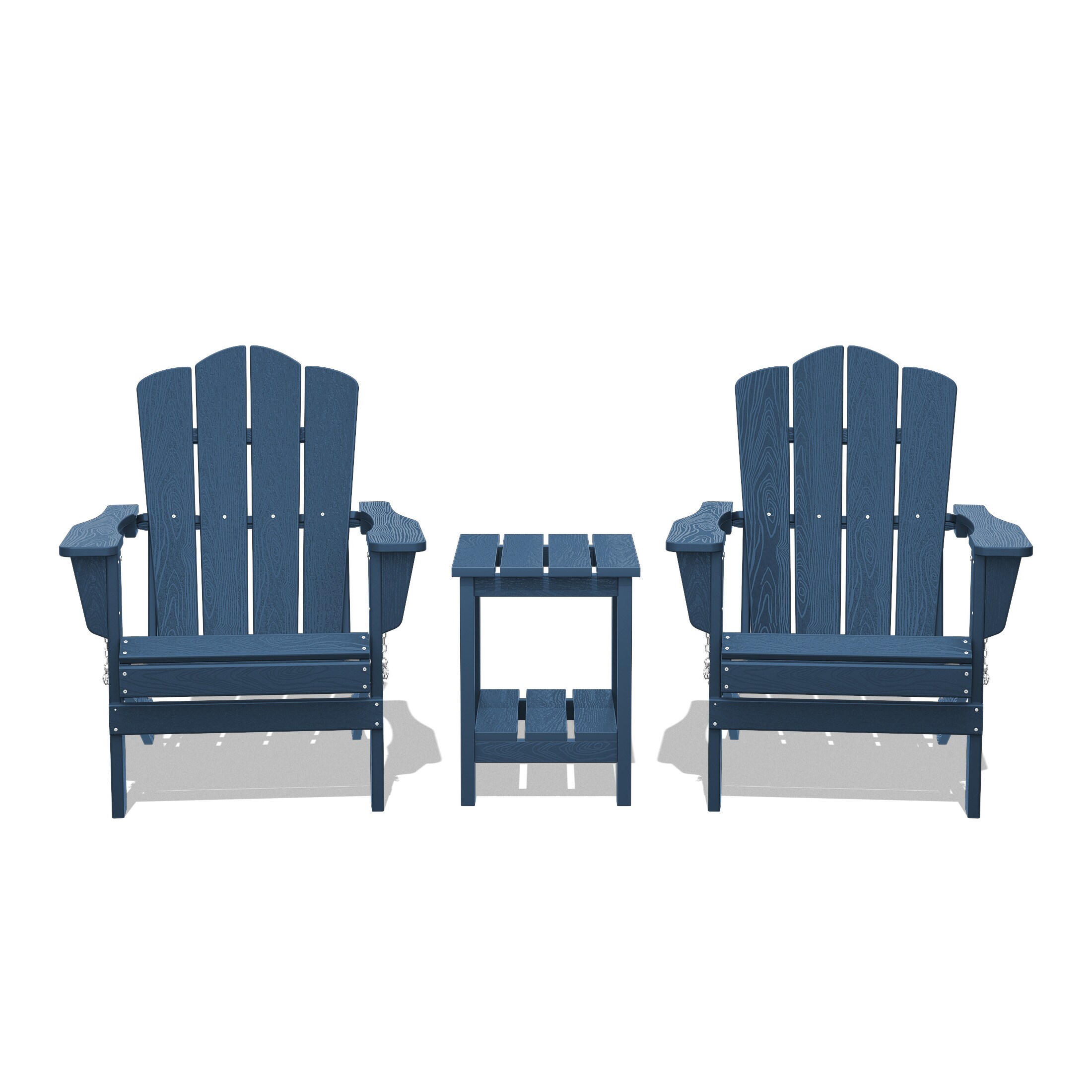JEAREY YDZDY3JT-NY Patio Folding Adirondack Chair Set of 2 with a Side Table Set of 2 Stackable Navy HDPE Frame Stationary Adirondack Chair with Slat Seat