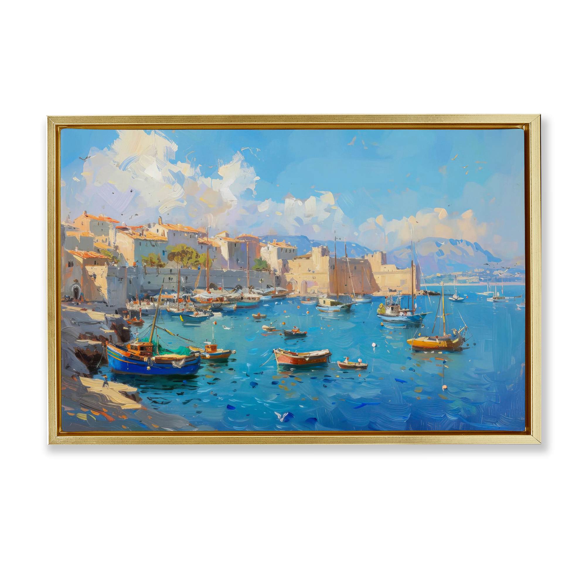 Stupell Industries BT-726-FFG-16X24 Nautical Harbor Coastal Town Gold Framed Floater Canvas Wall Art By LSR Design Studio 25 x 17