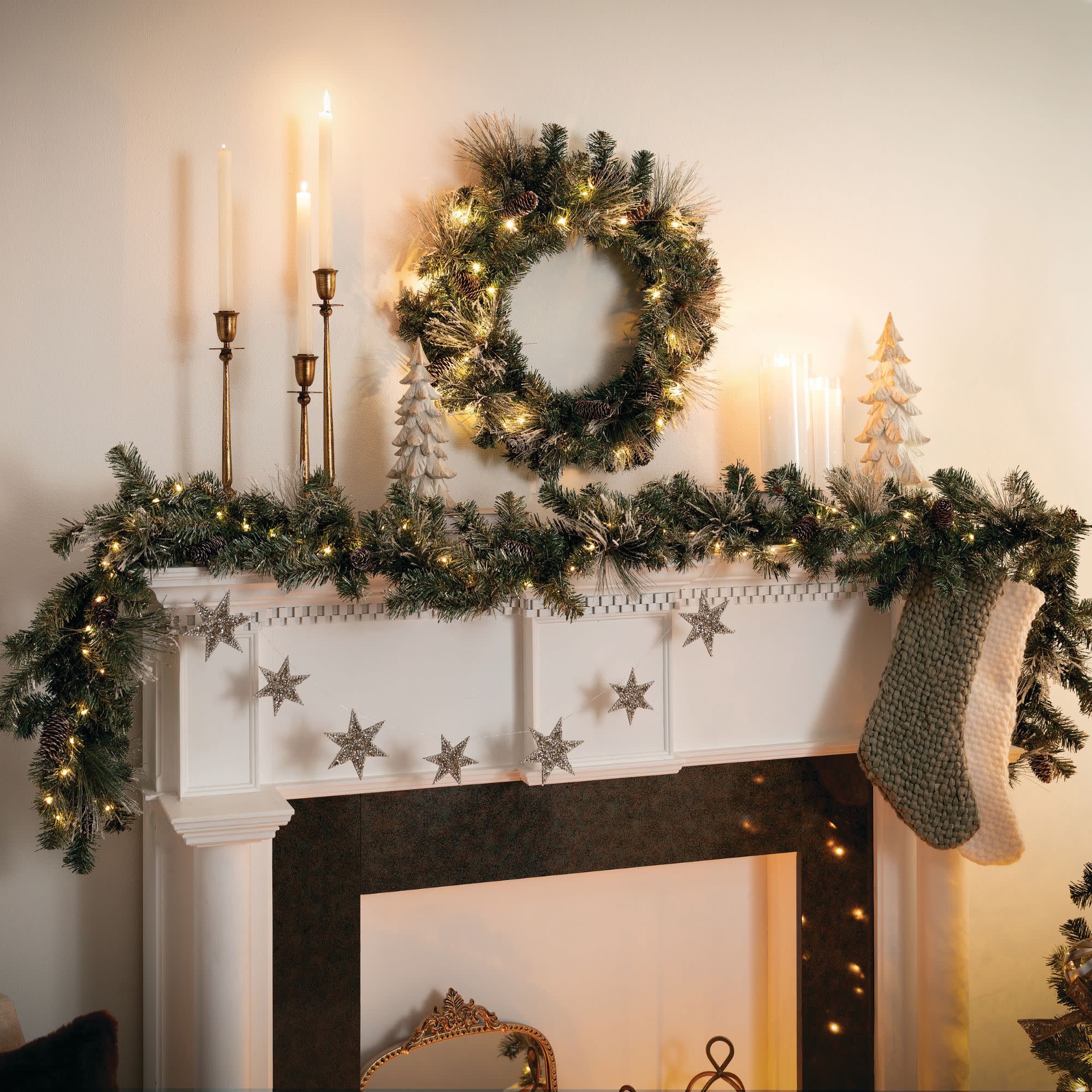 9-Foot Pre-lit Flocked Pine Christmas Garland with Pinecones and Gold Accents