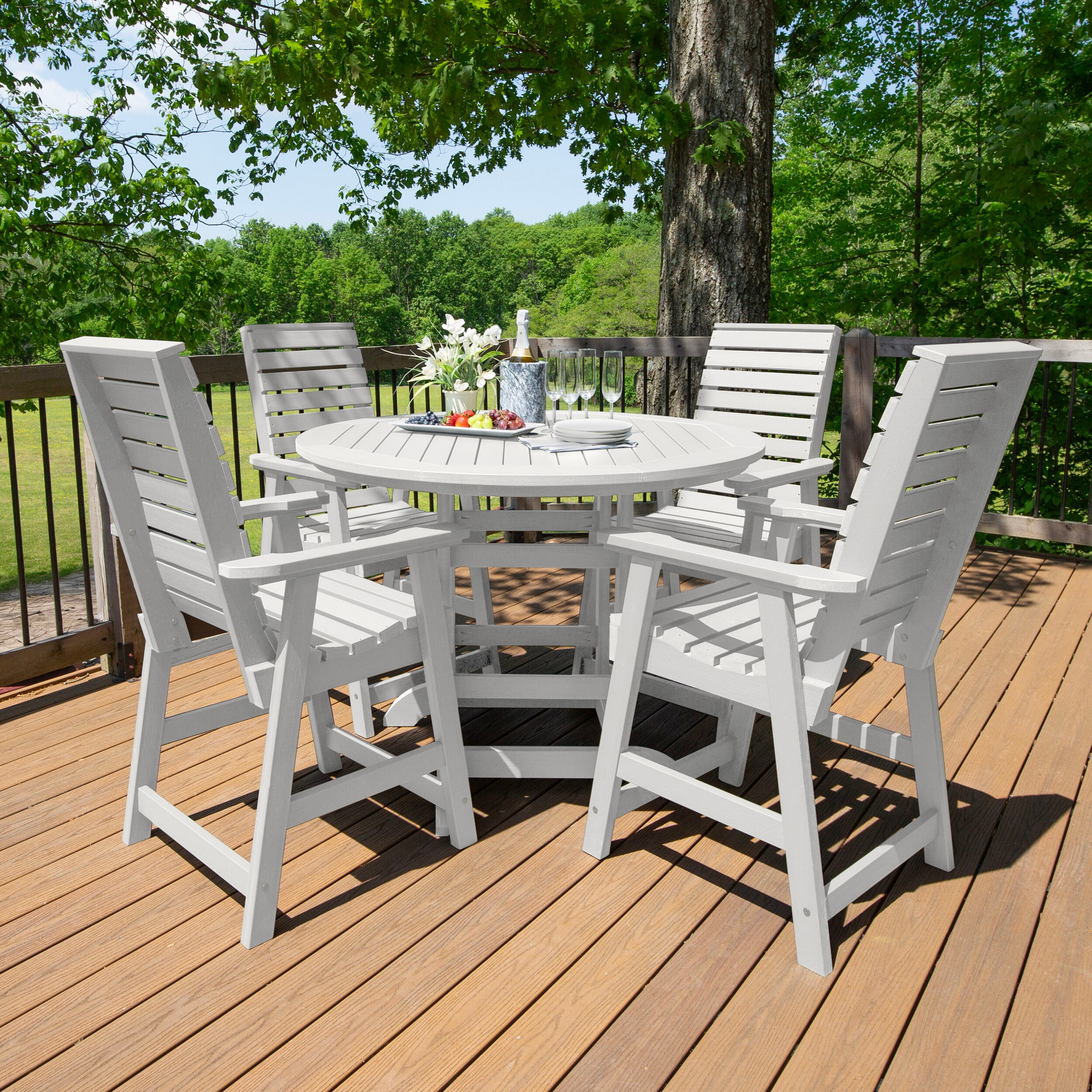highwood AD-CNW48-WHE Weatherly 5 -Piece White Bar Height Patio Dining Set Plastic Round Table with 4 Stationary Chairs