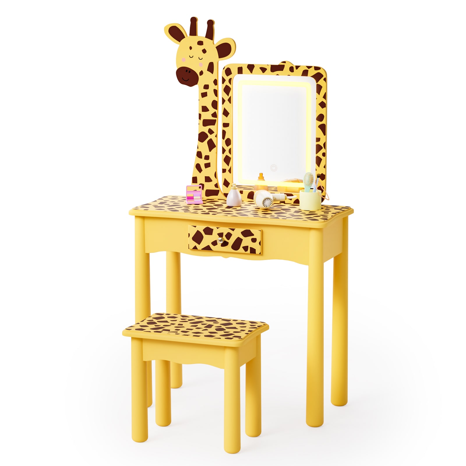 JOYMOR - 11.4D x 23.4W x 43.5H Kids Vanity with with Mirror and Stool and Lights for 3 Year Old/T...