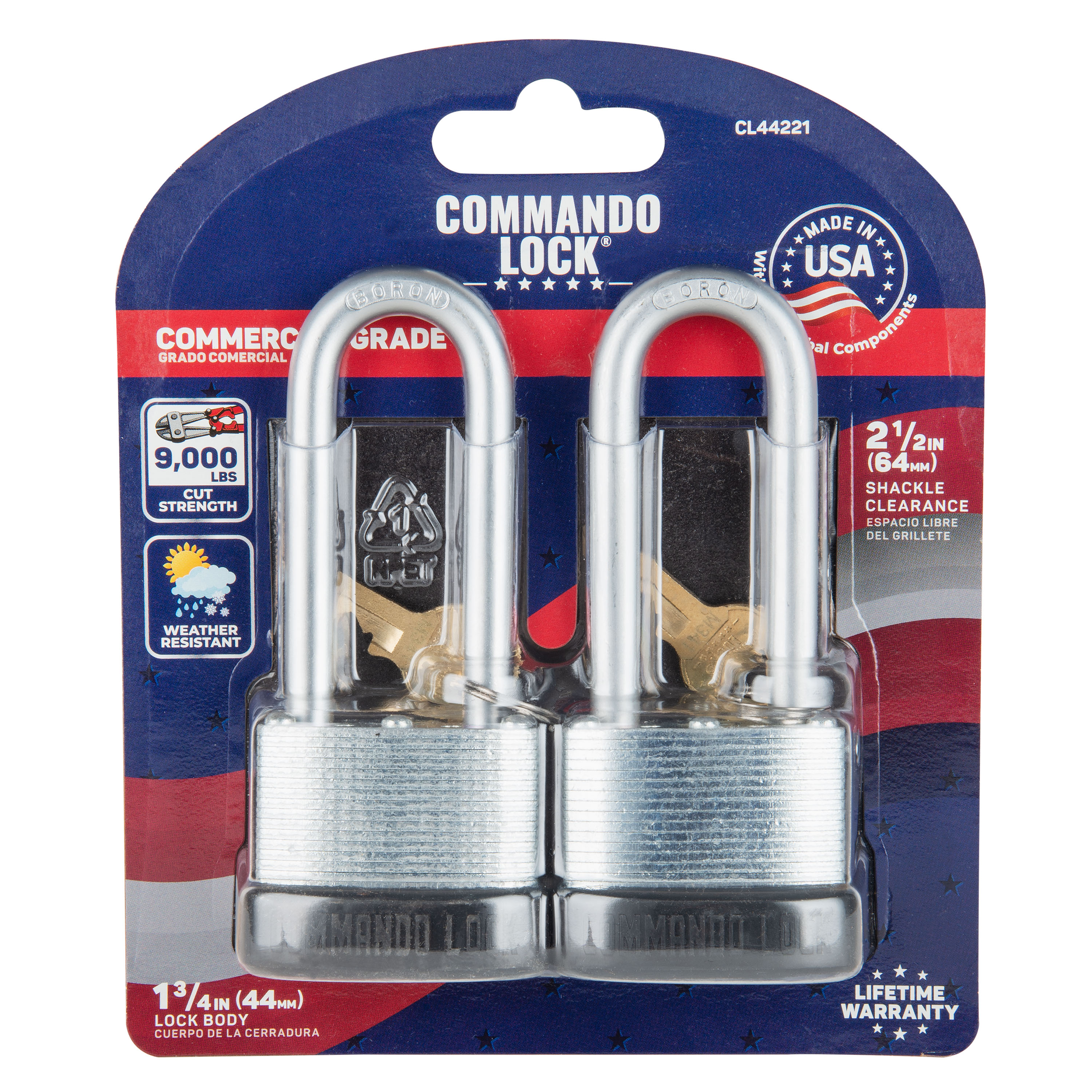 Commando Lock Made In U.S.A Keyed padlock , 1-3/4-in Wide x 2-1/2-in Shackle, Keyed alike to 2 -Pack