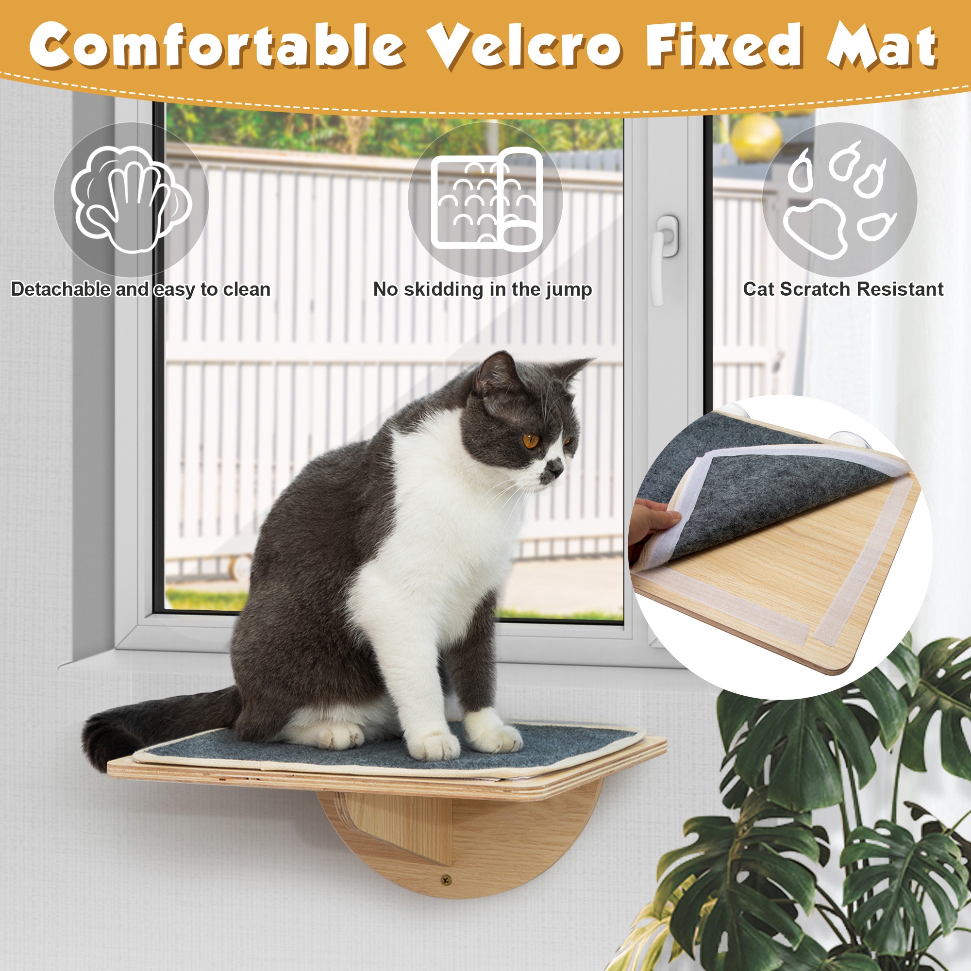 Small Natural Wood Cat Window Perch with Gray Mat