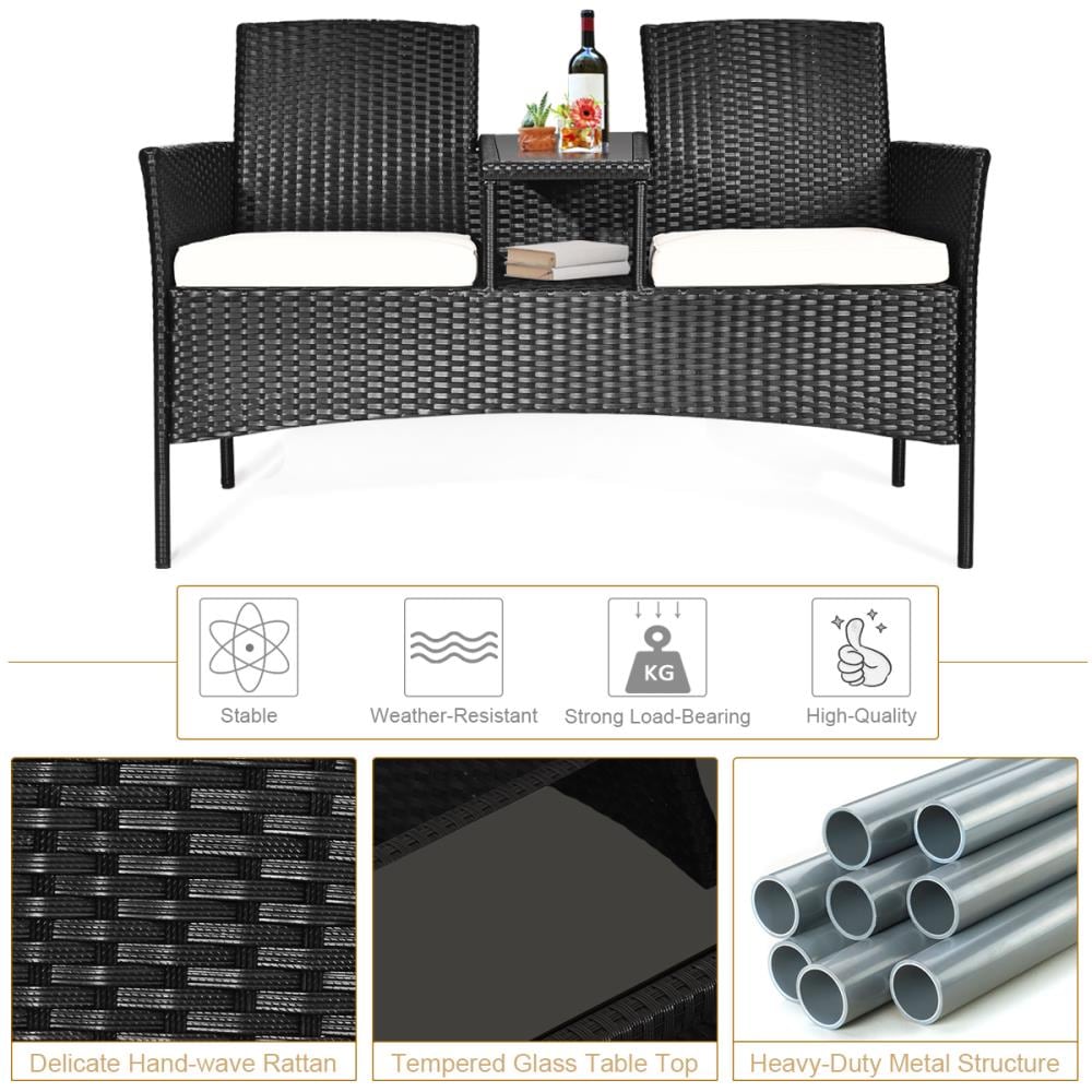Black Rattan Outdoor Loveseat with Cushions and Glass Table
