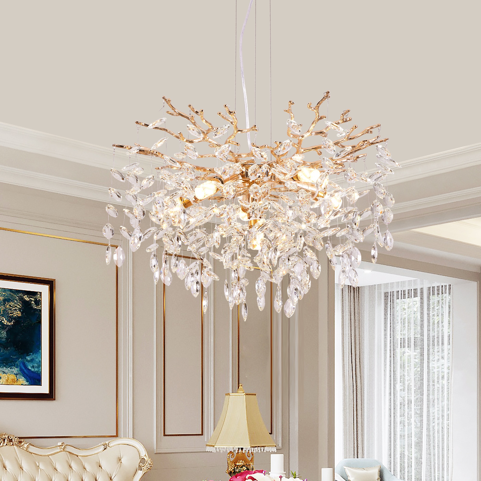 DIKAIDA 6-Light Luxury Gold Crystal Chandelier Modern Tree Branch Crystal Chandelier Pendant Lighting