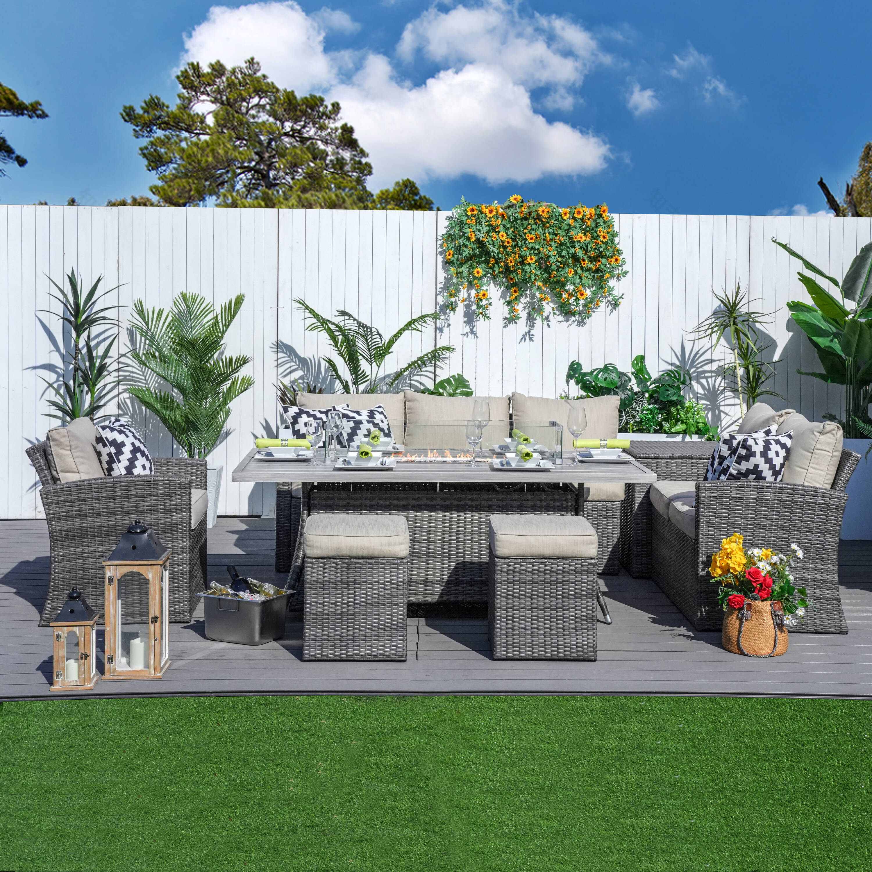 Direct Wicker DWG-1403B&06RA-GR 7 -Piece grey Wicker Patio Dining Set Aluminum Rectangle Table with 5 Gray Cushions Stationary Chairs Fire Pit Included