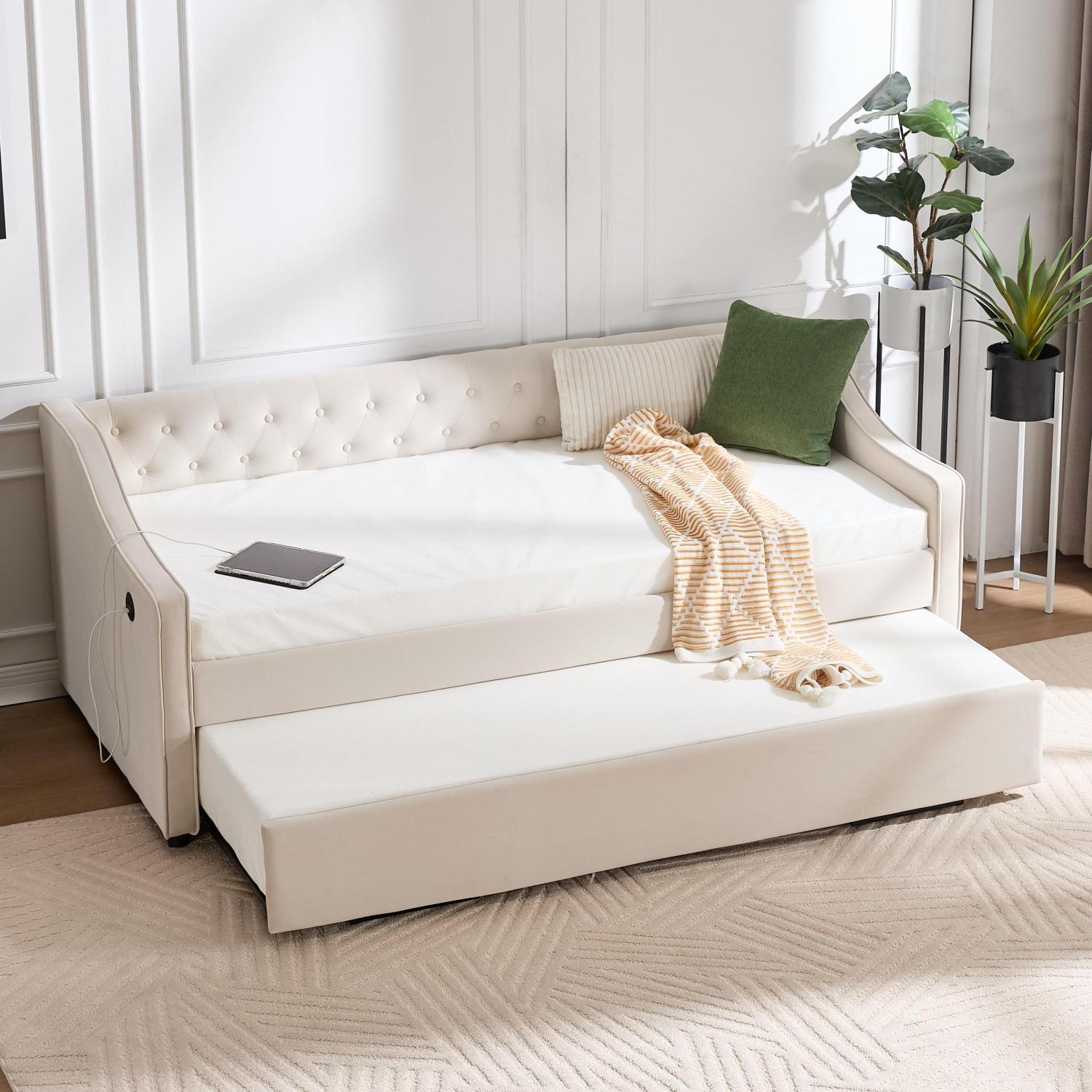 Streamdale Furniture - Streamdale Twin Upholstered Daybed with Trundle USB Pockets Velvet Button ...