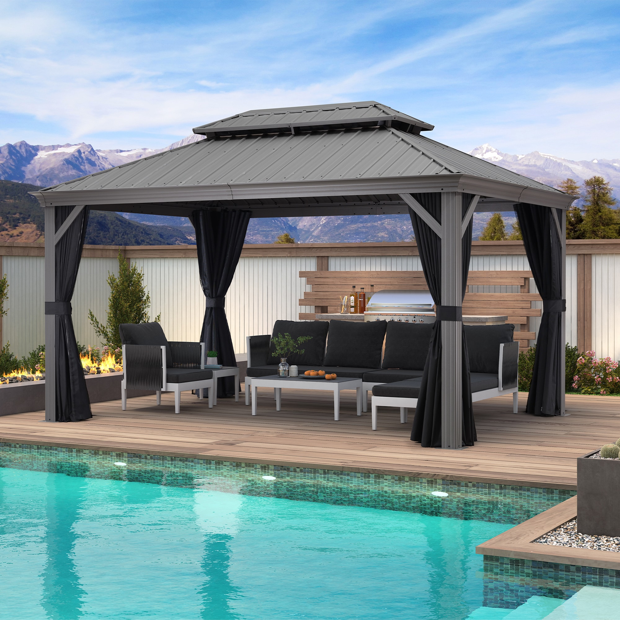 Light Gray 14' x 10' Aluminum Hardtop Gazebo with Curtains