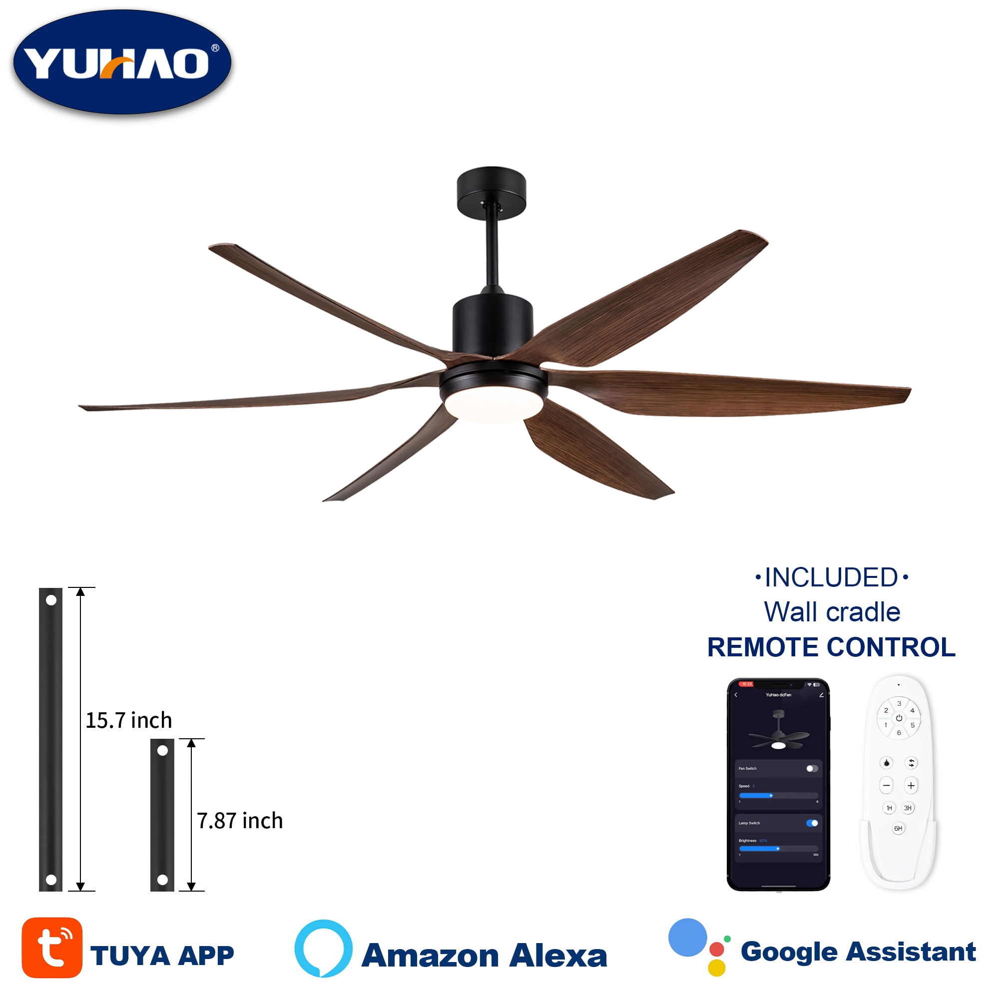 YUHAO LSDC1061BK662 Bretter 66-in Color-Changing Integrated LED Smart Black with Distressed Blades Ceiling Fan With Light and Remote ( 6 -Blade )