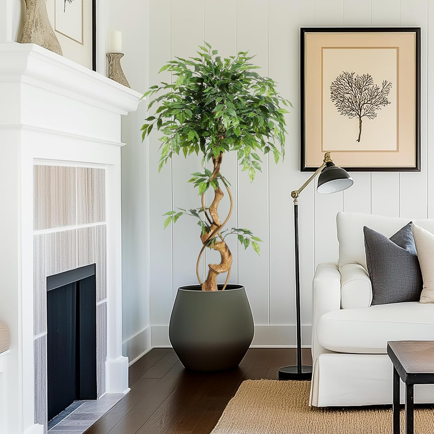 WhizMax LHFLS-PHK-33CBHMWR Ficus Artificial Tree with Curved Trunk 4 Feet Faux Plant Fake Silk Trees with White Pot Fake Ficus Tree for Home Decor Indoor Outdoor House Living Room